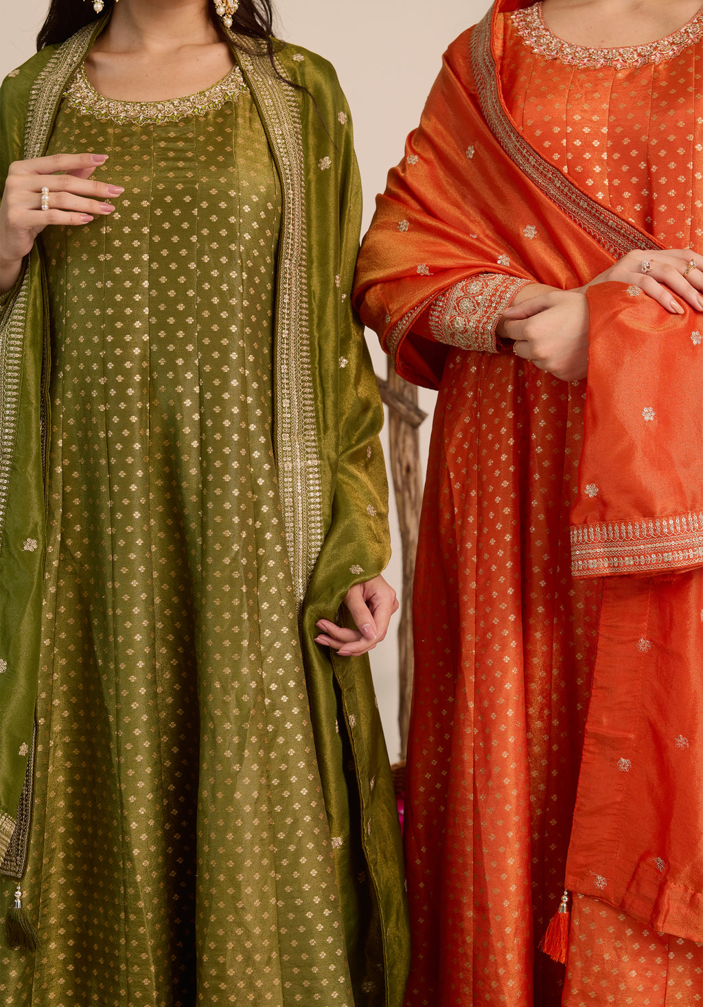 Crimson orange Kavya Anarkali suit Indian ethnic wear: pure organza jacquard silk with floral embroidery, flowing silhouette, buy salwar kameez online Banarasi premium for cultural events.