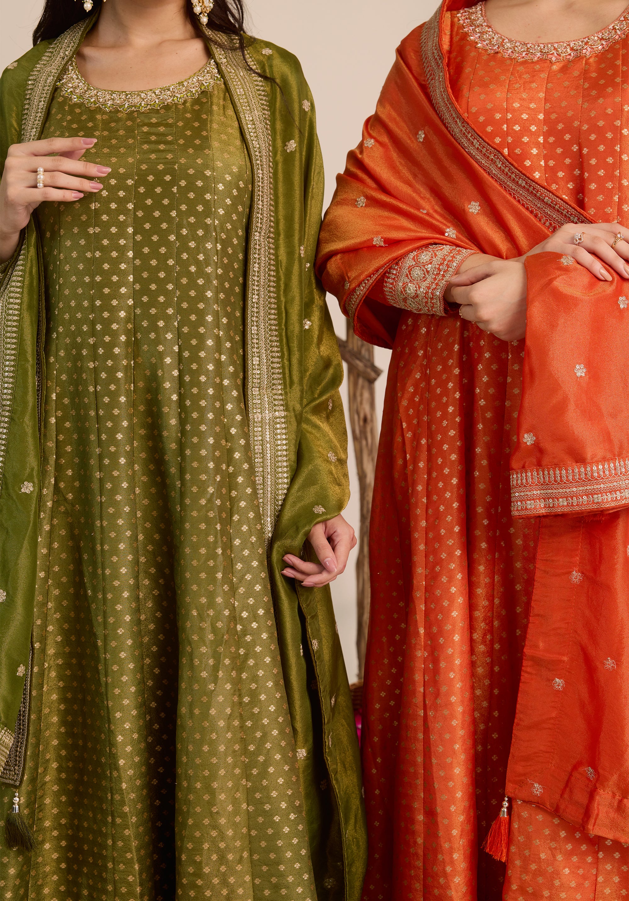 Crimson orange Kavya Anarkali suit Indian ethnic wear: pure organza jacquard silk with floral embroidery, flowing silhouette, buy salwar kameez online Banarasi premium for cultural events.