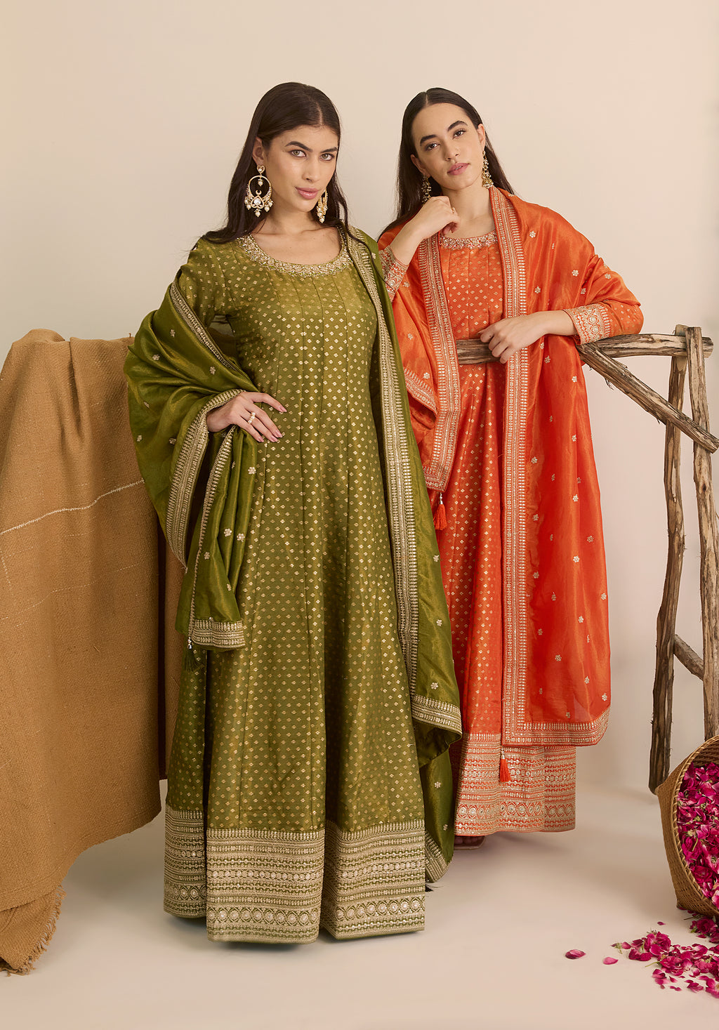 Crimson orange Kavya Anarkali suit Indian ethnic wear: pure organza jacquard silk with floral embroidery, flowing silhouette, buy salwar kameez online Banarasi premium for cultural events.