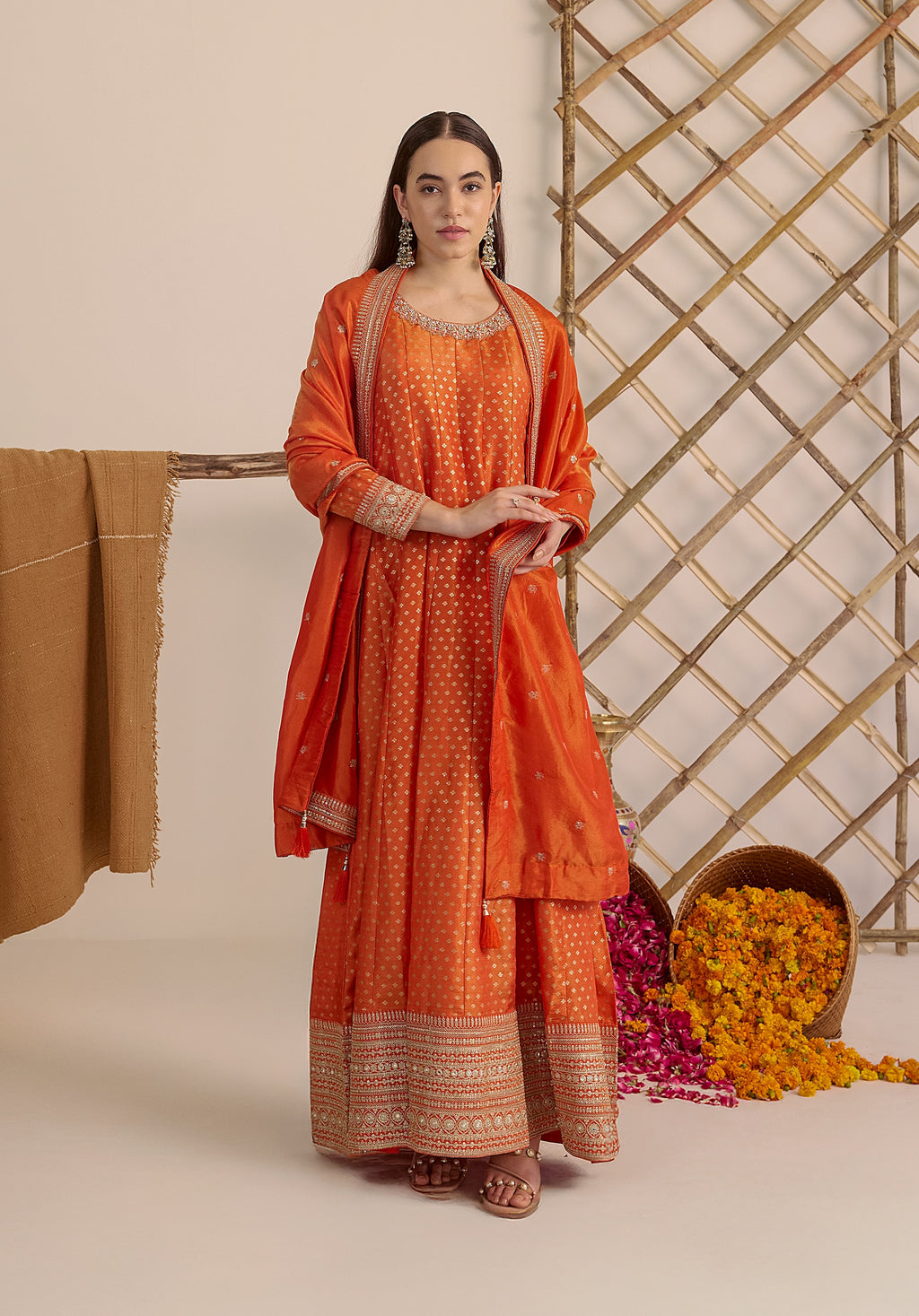 Crimson orange Kavya Anarkali suit Indian ethnic wear: pure organza jacquard silk with floral embroidery, flowing silhouette, buy salwar kameez online Banarasi premium for cultural events.
