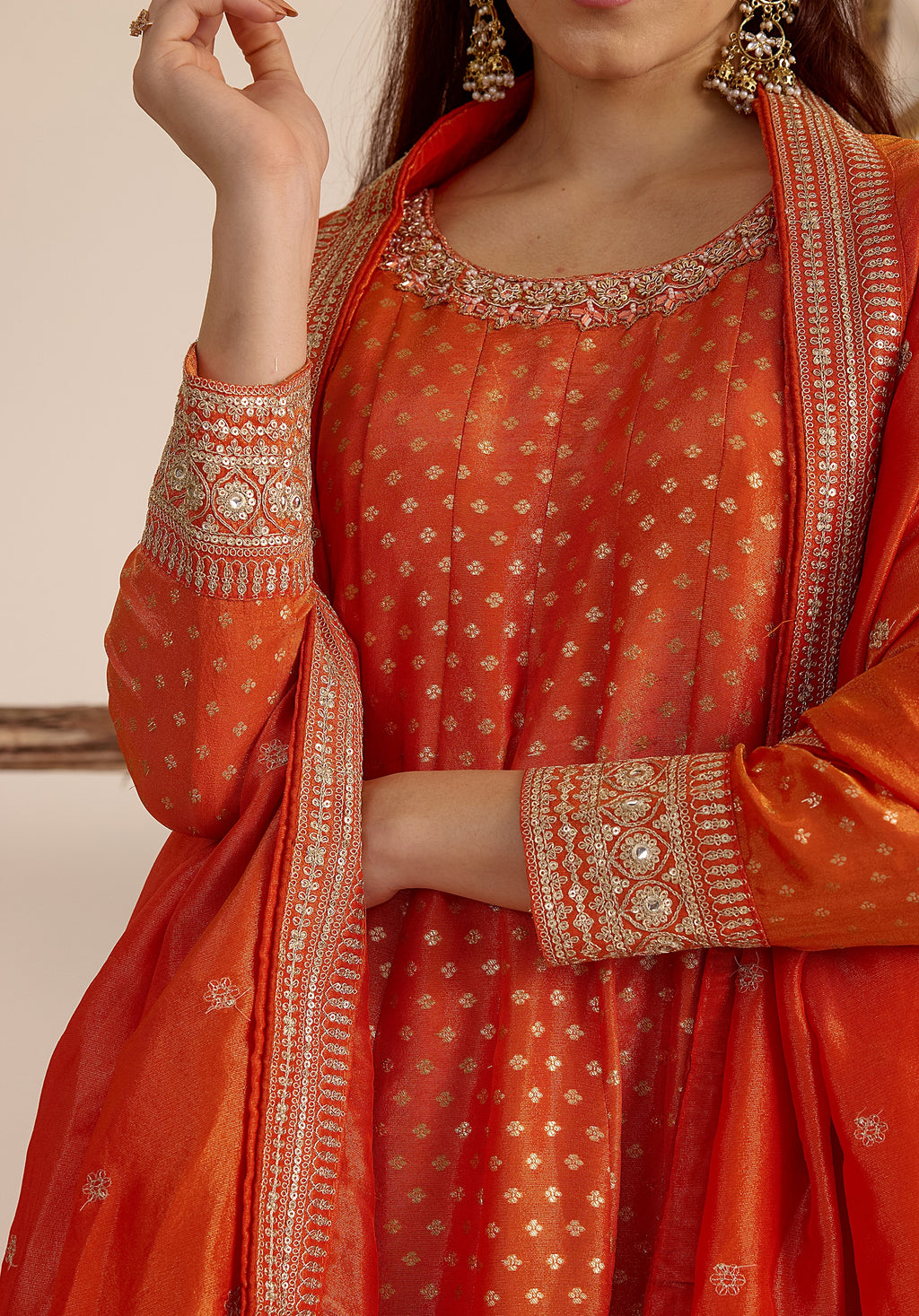 Crimson orange Kavya Anarkali suit Indian ethnic wear: pure organza jacquard silk with floral embroidery, flowing silhouette, buy salwar kameez online Banarasi premium for cultural events.