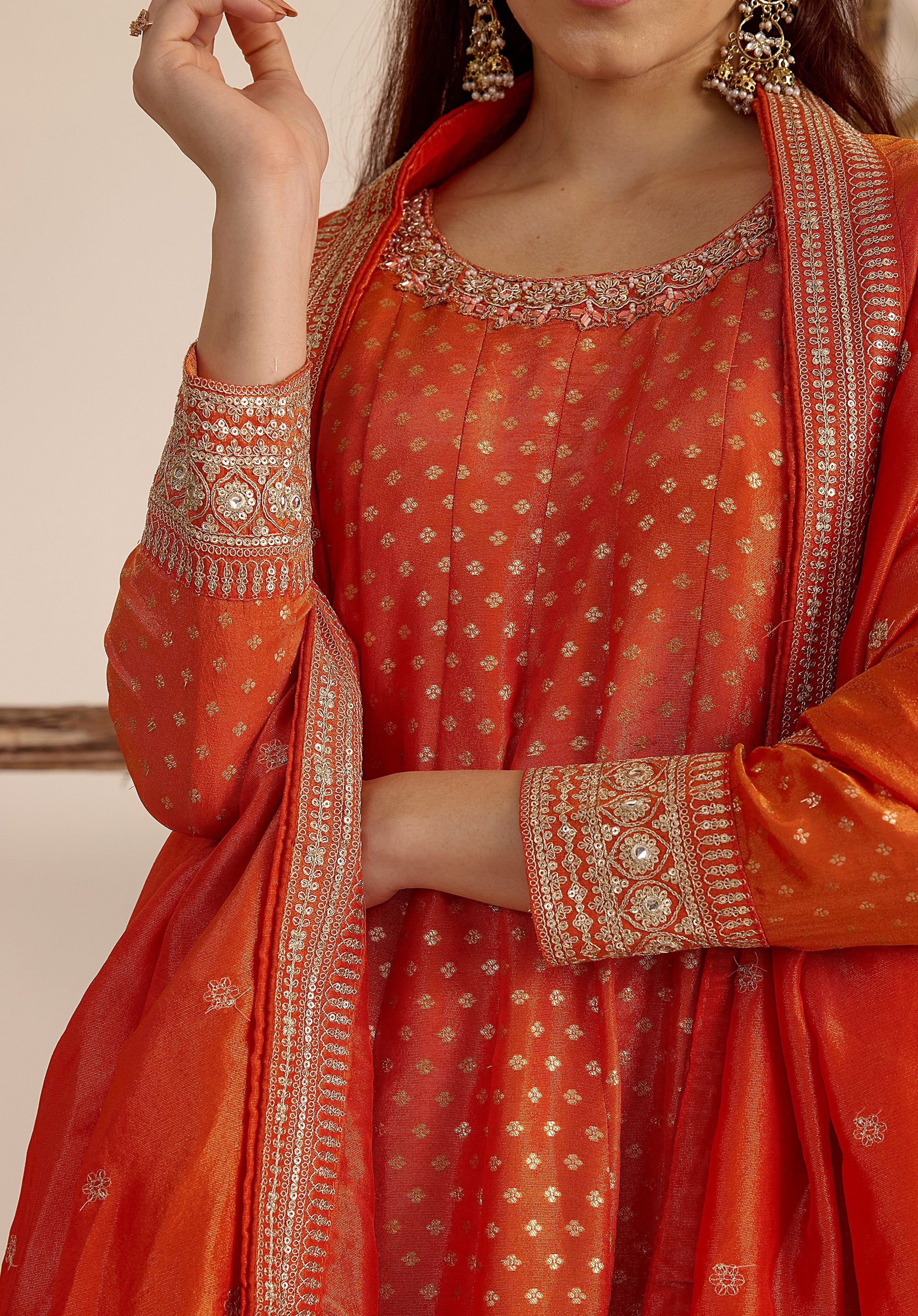 Crimson orange Kavya Anarkali suit Indian ethnic wear: pure organza jacquard silk with floral embroidery, flowing silhouette, buy salwar kameez online Banarasi premium for cultural events.