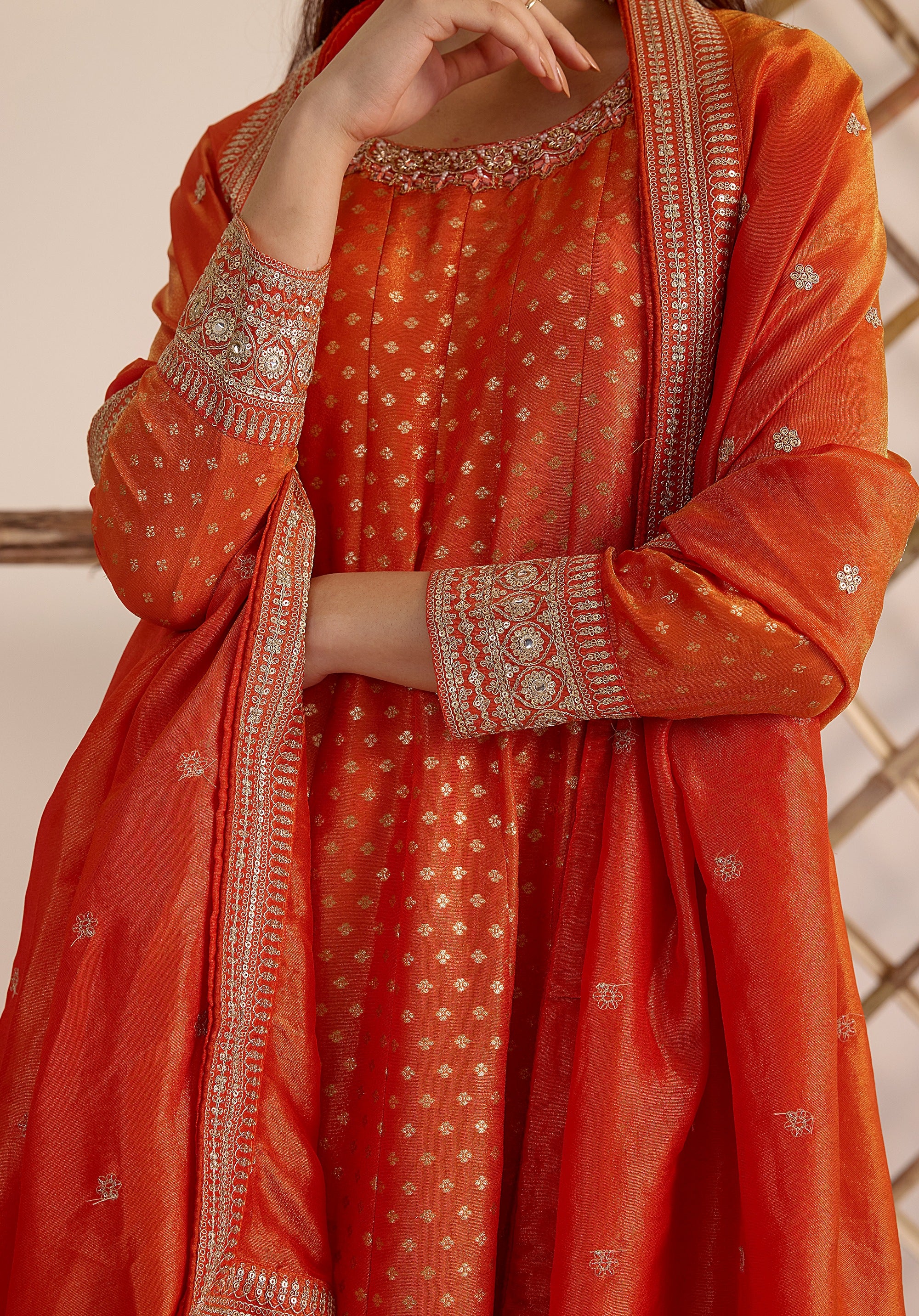 Crimson orange Kavya Anarkali suit Indian ethnic wear: pure organza jacquard silk with floral embroidery, flowing silhouette, buy salwar kameez online Banarasi premium for cultural events.