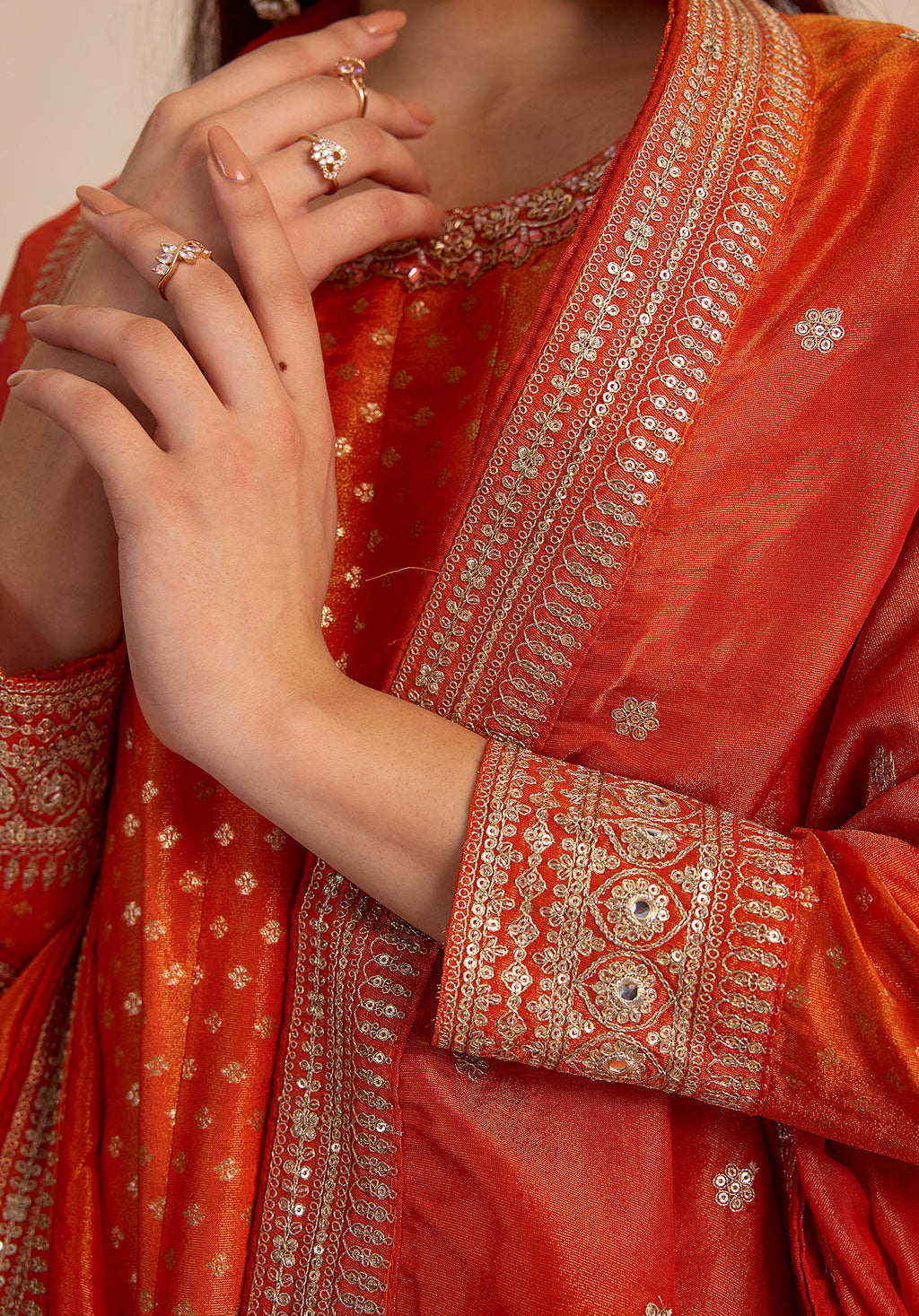 Crimson orange Kavya Anarkali suit Indian ethnic wear: pure organza jacquard silk with floral embroidery, flowing silhouette, buy salwar kameez online Banarasi premium for cultural events.