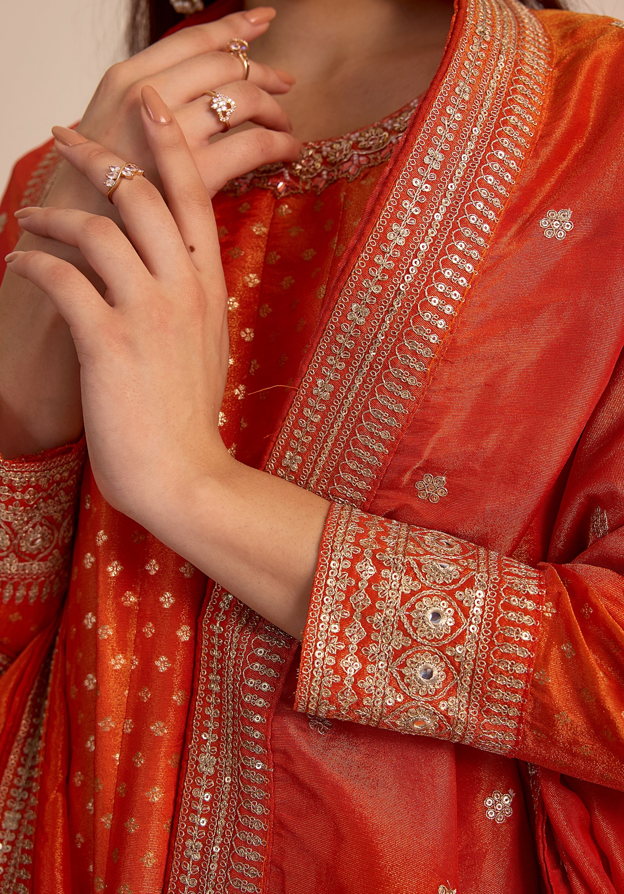 Crimson orange Kavya Anarkali suit Indian ethnic wear: pure organza jacquard silk with floral embroidery, flowing silhouette, buy salwar kameez online Banarasi premium for cultural events.