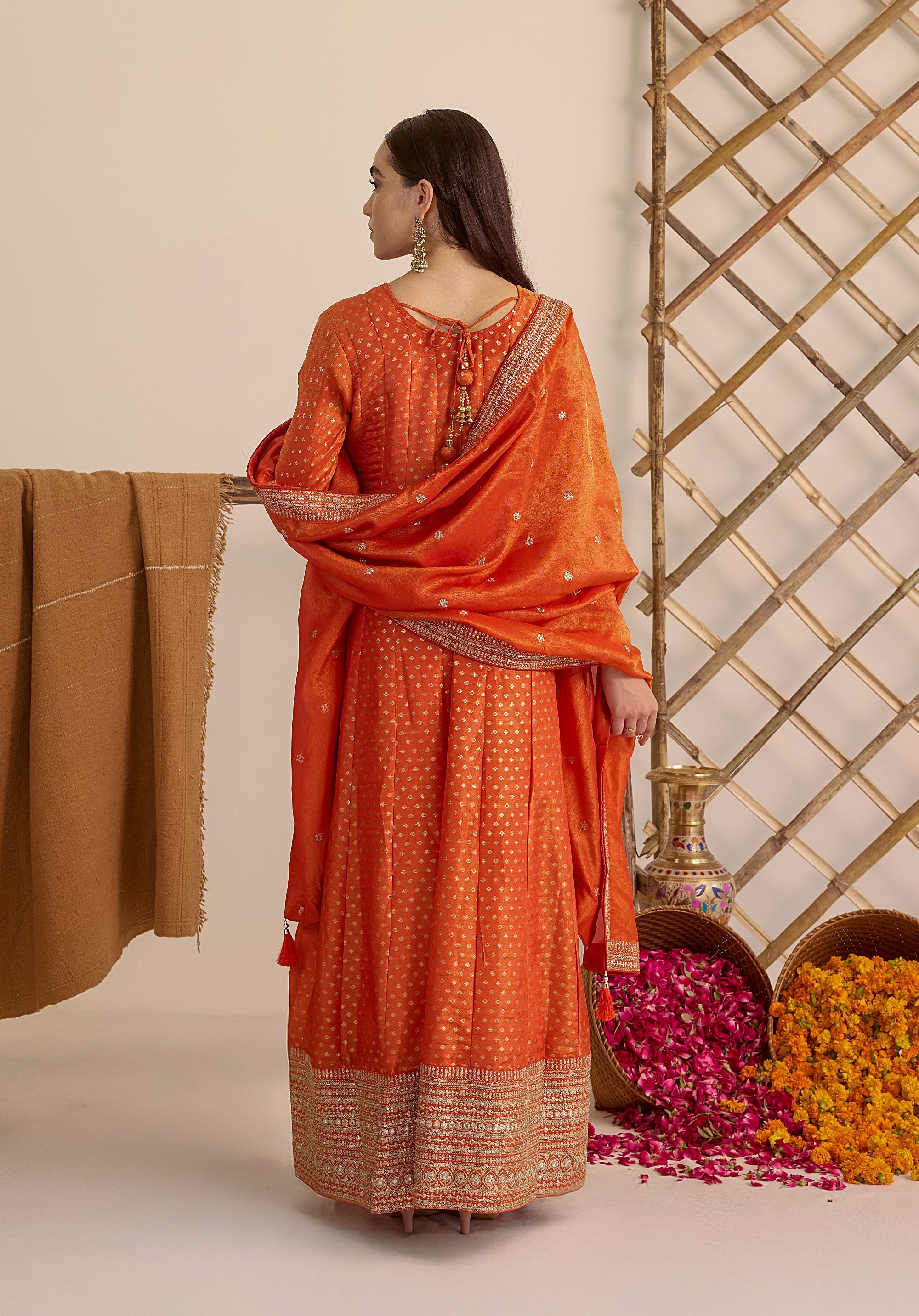 Crimson orange Kavya Anarkali suit Indian ethnic wear: pure organza jacquard silk with floral embroidery, flowing silhouette, buy salwar kameez online Banarasi premium for cultural events.
