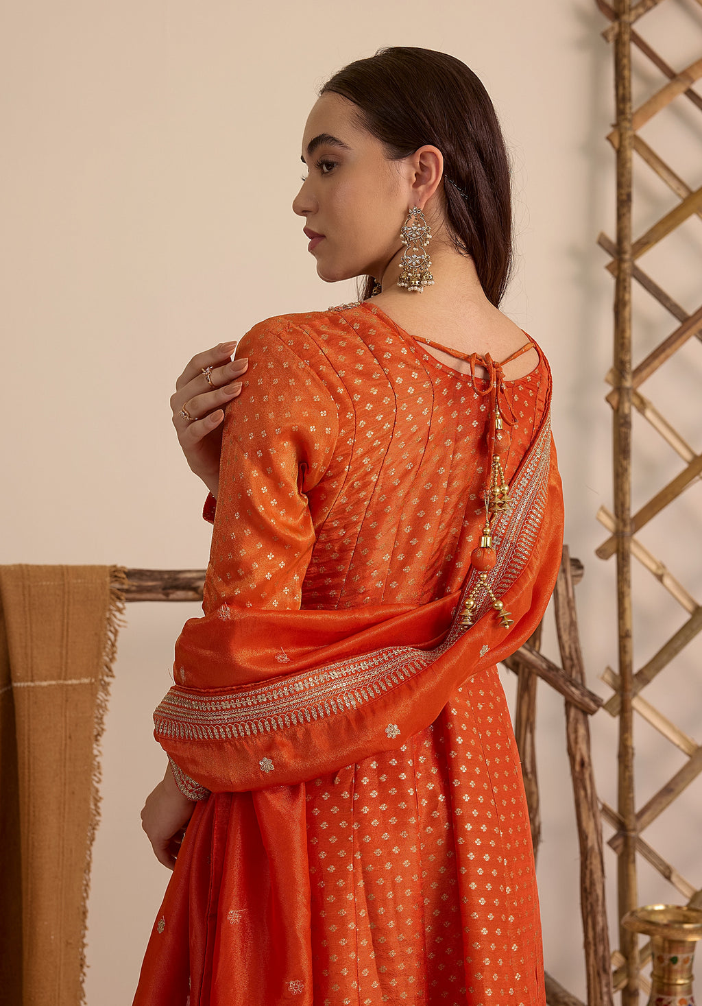 Crimson orange Kavya Anarkali suit Indian ethnic wear: pure organza jacquard silk with floral embroidery, flowing silhouette, buy salwar kameez online Banarasi premium for cultural events.