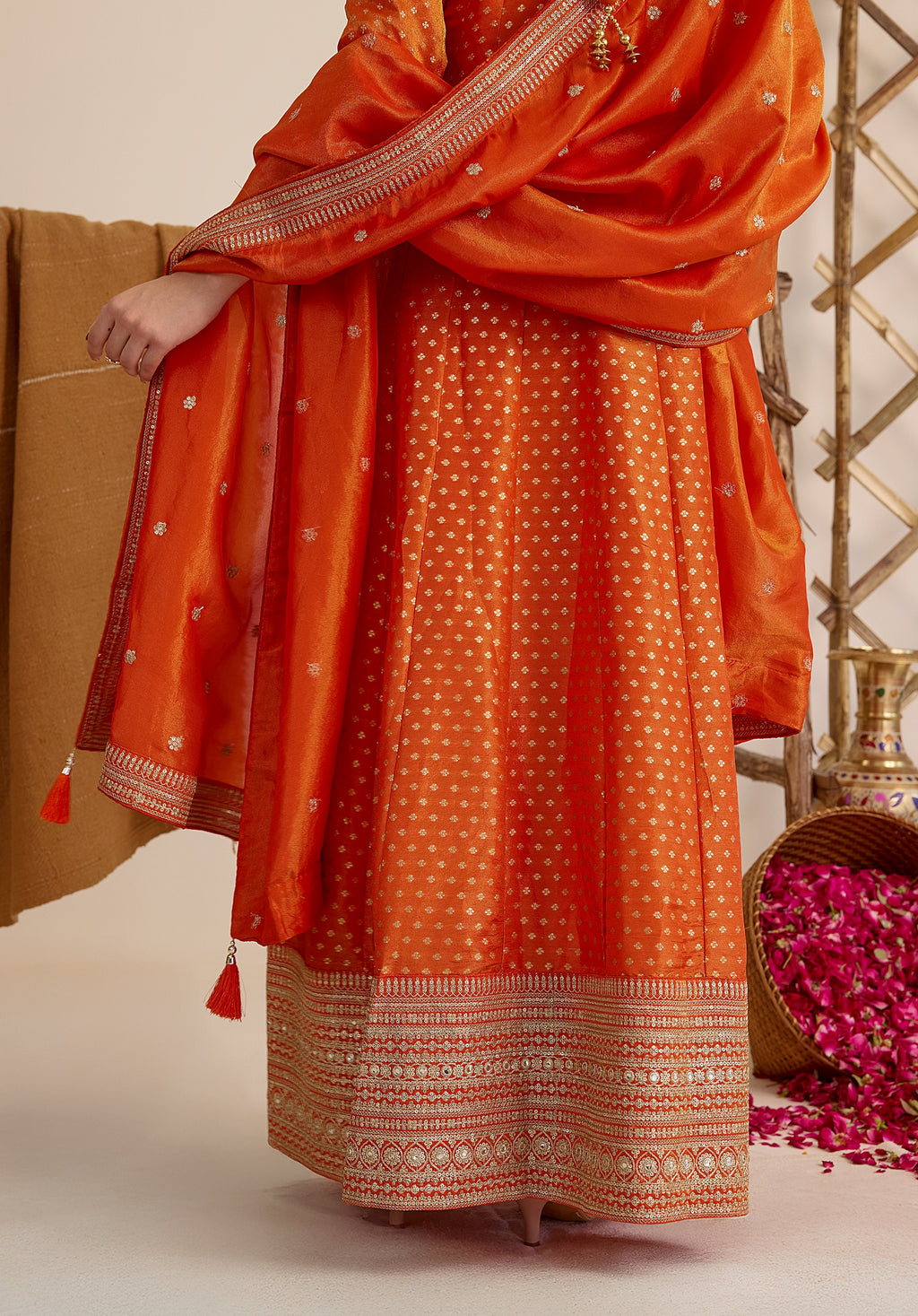 Crimson orange Kavya Anarkali suit Indian ethnic wear: pure organza jacquard silk with floral embroidery, flowing silhouette, buy salwar kameez online Banarasi premium for cultural events.