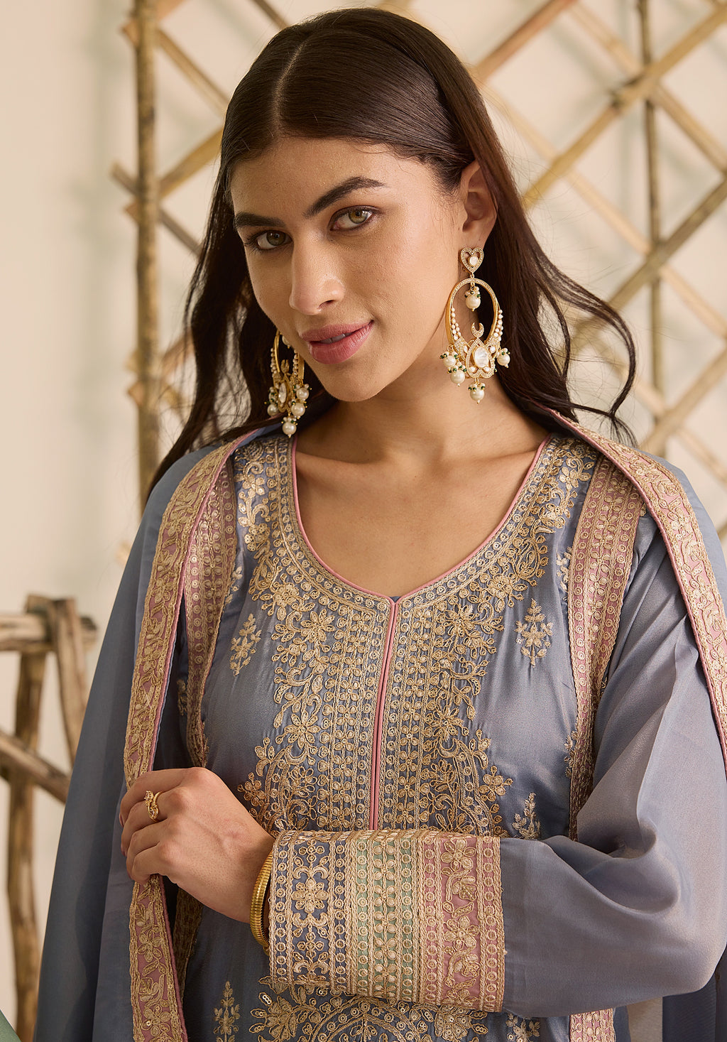Soft blue and pink Ruhani suit Indian ethnic wear: premium silk with gold floral zardozi work, printed palazzo gold borders, embellished dupatta, buy salwar kameez online for traditional elegance.