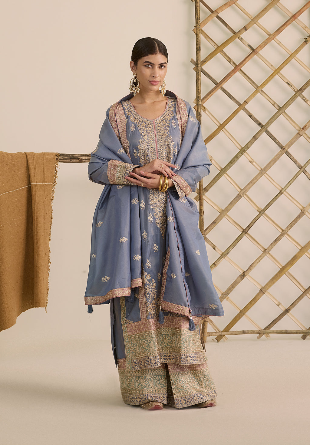Soft blue and pink Ruhani suit Indian ethnic wear: premium silk with gold floral zardozi work, printed palazzo gold borders, embellished dupatta, buy salwar kameez online for traditional elegance.