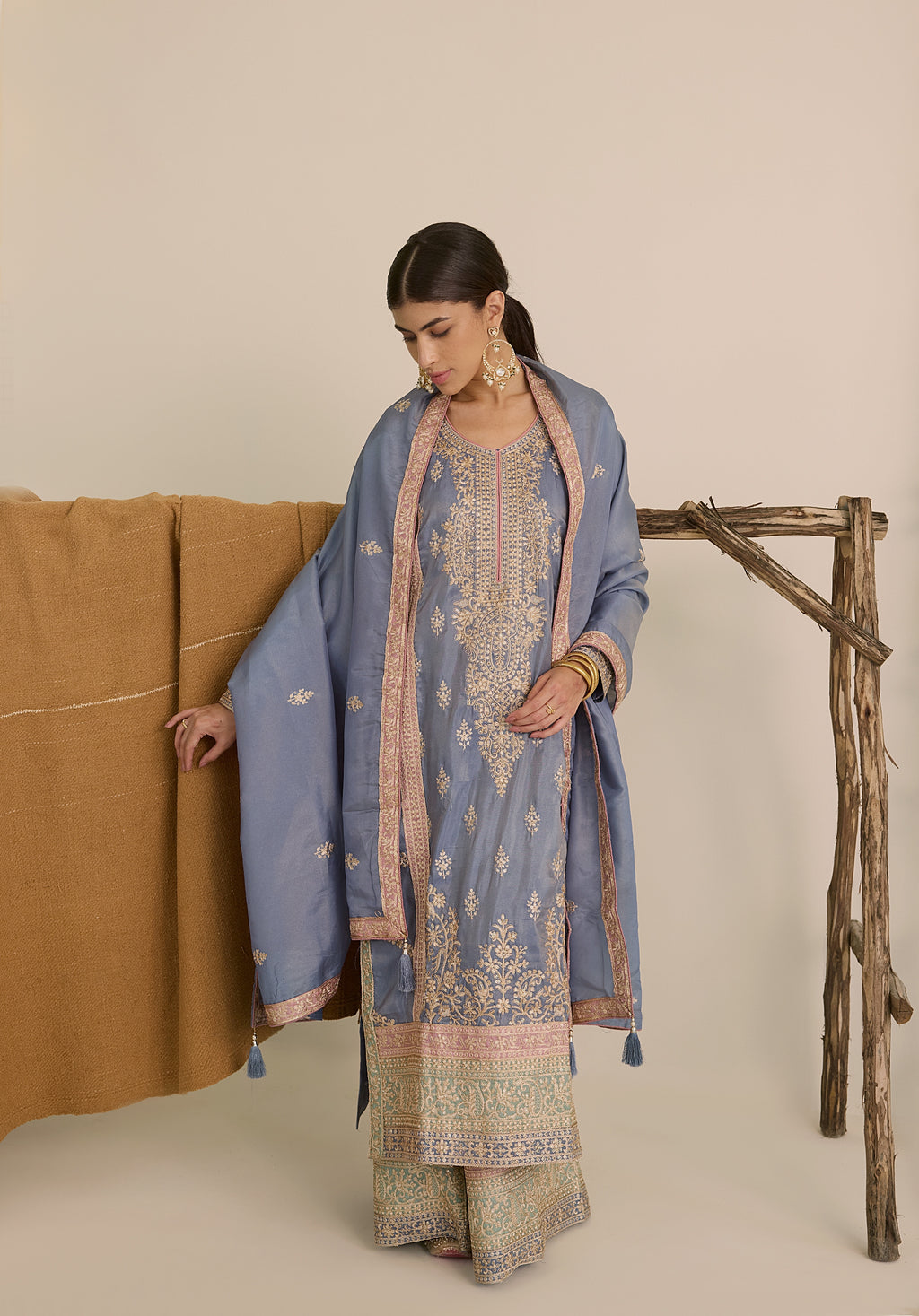 Soft blue and pink Ruhani suit Indian ethnic wear: premium silk with gold floral zardozi work, printed palazzo gold borders, embellished dupatta, buy salwar kameez online for traditional elegance.