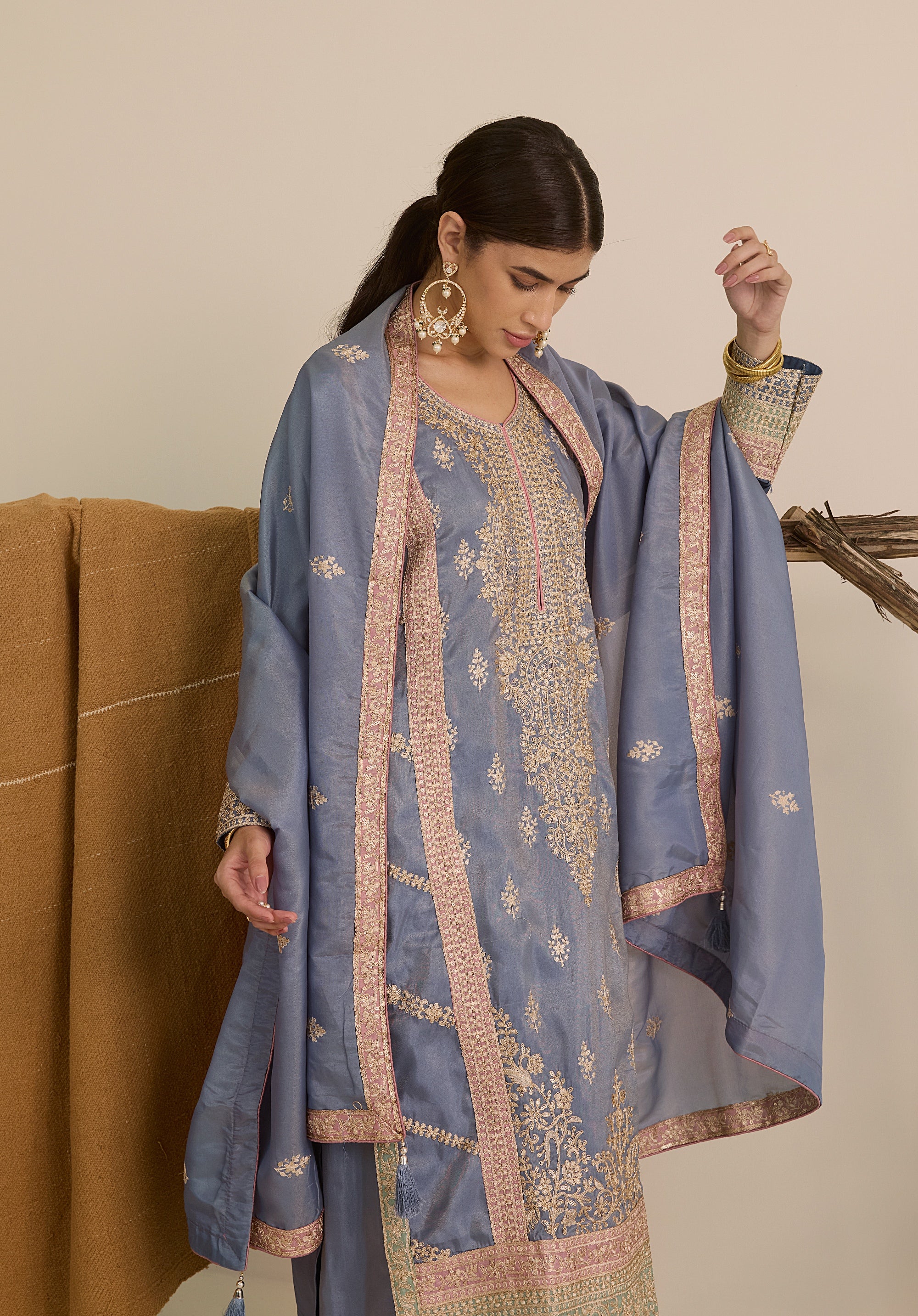 Soft blue and pink Ruhani suit Indian ethnic wear: premium silk with gold floral zardozi work, printed palazzo gold borders, embellished dupatta, buy salwar kameez online for traditional elegance.