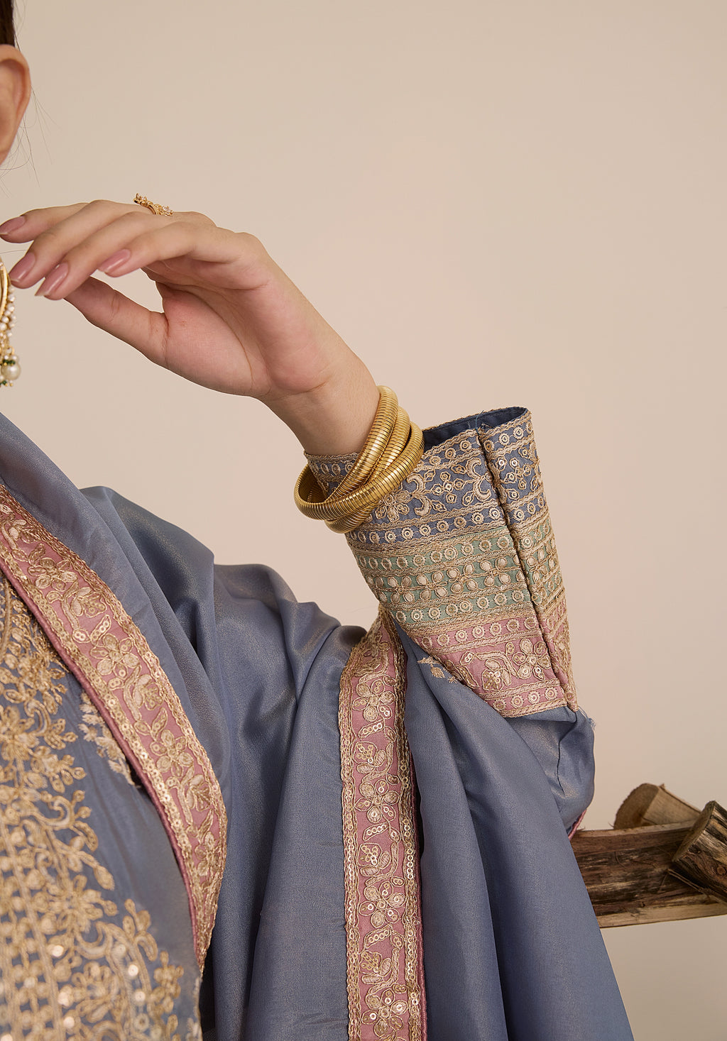 Soft blue and pink Ruhani suit Indian ethnic wear: premium silk with gold floral zardozi work, printed palazzo gold borders, embellished dupatta, buy salwar kameez online for traditional elegance.