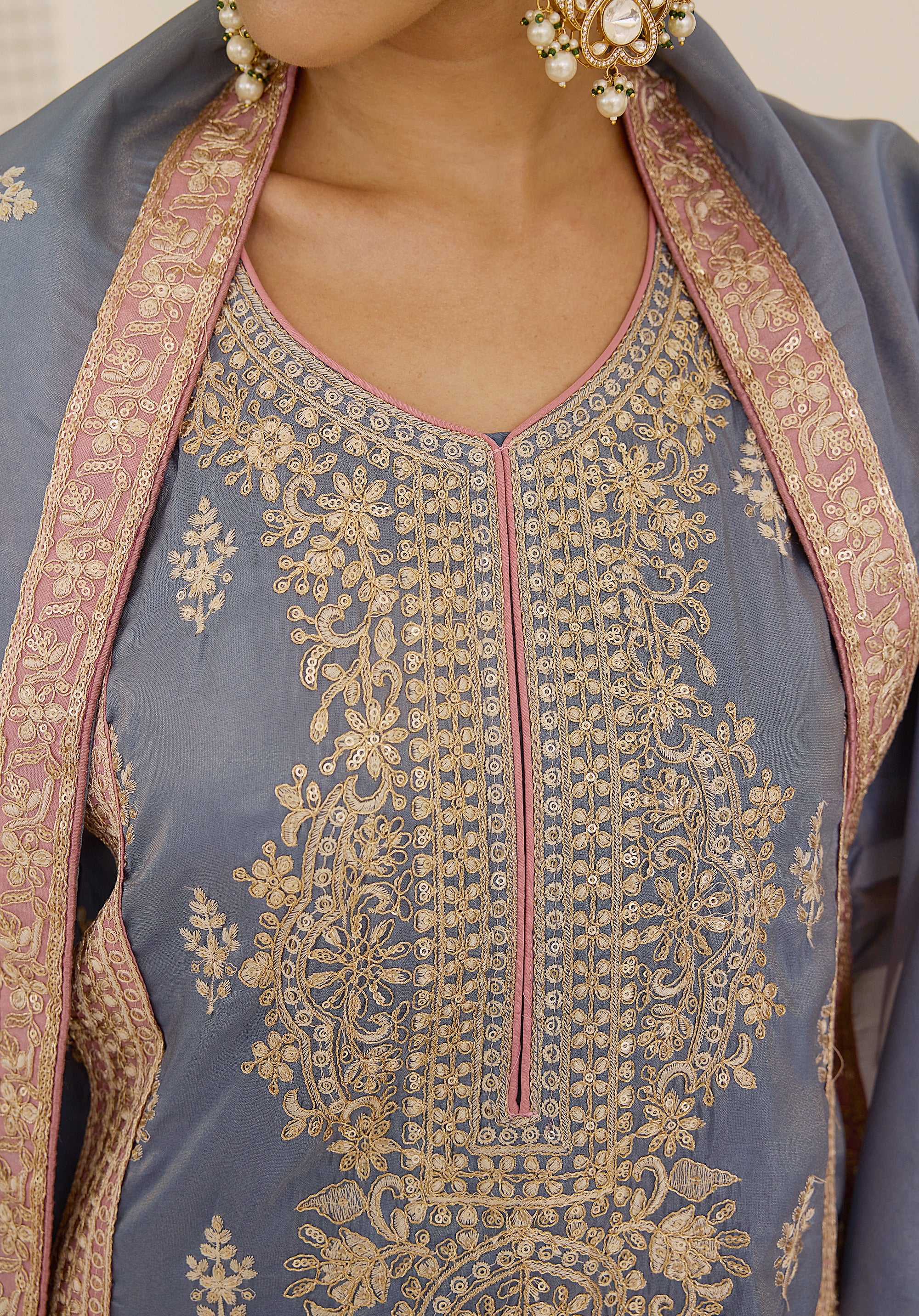 Soft blue and pink Ruhani suit Indian ethnic wear: premium silk with gold floral zardozi work, printed palazzo gold borders, embellished dupatta, buy salwar kameez online for traditional elegance.