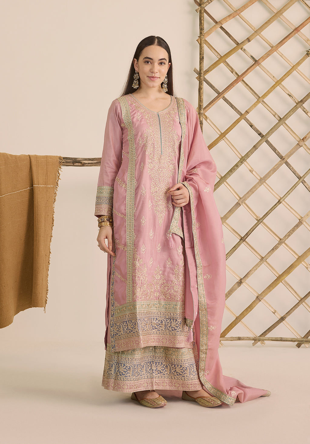 Pastel pink Inaayat suit Indian ethnic wear: premium silk with gold floral zardozi work, printed palazzo gold borders, embellished dupatta, buy salwar kameez online with gotta detailing.