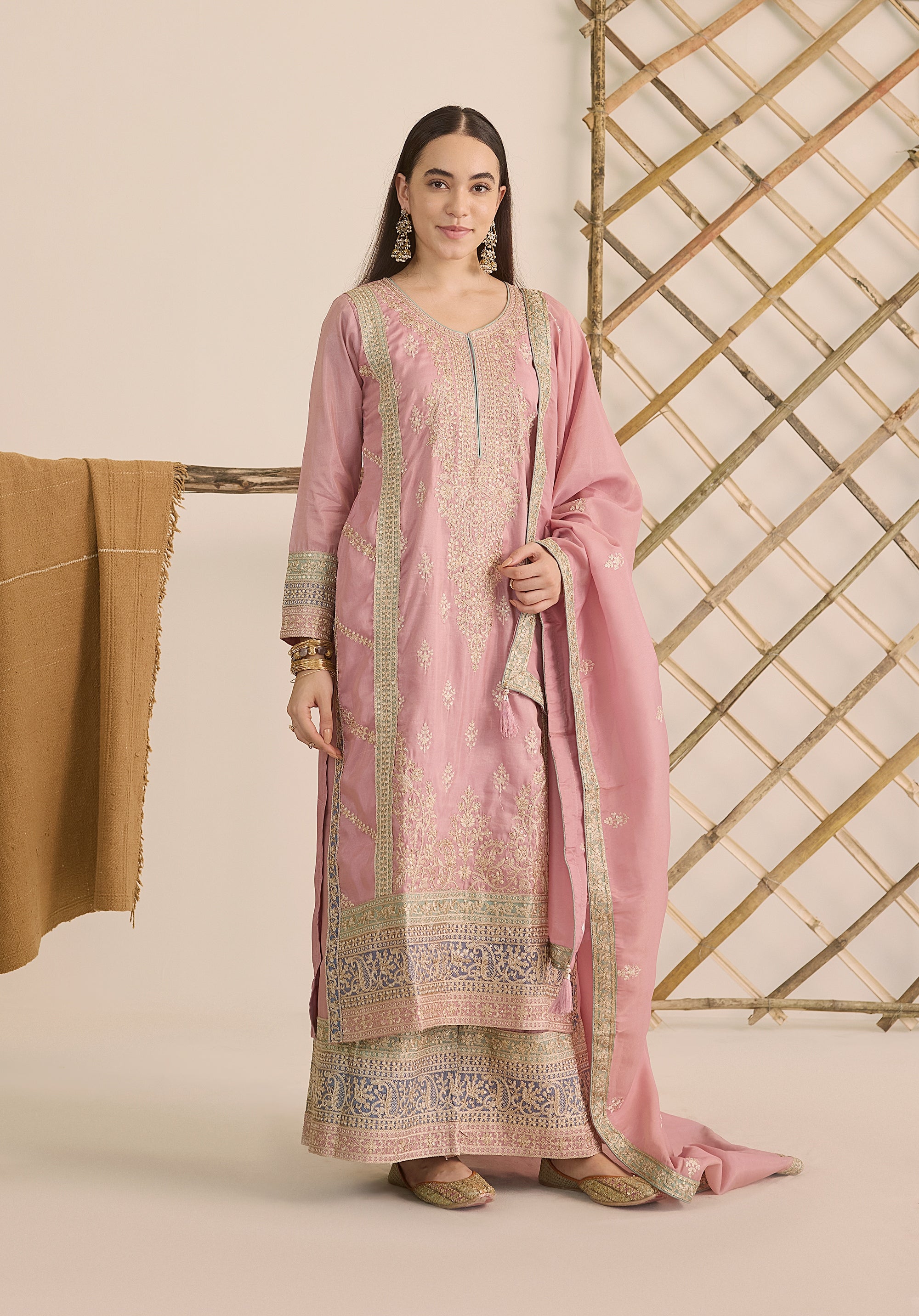 Pastel pink Inaayat suit Indian ethnic wear: premium silk with gold floral zardozi work, printed palazzo gold borders, embellished dupatta, buy salwar kameez online with gotta detailing.