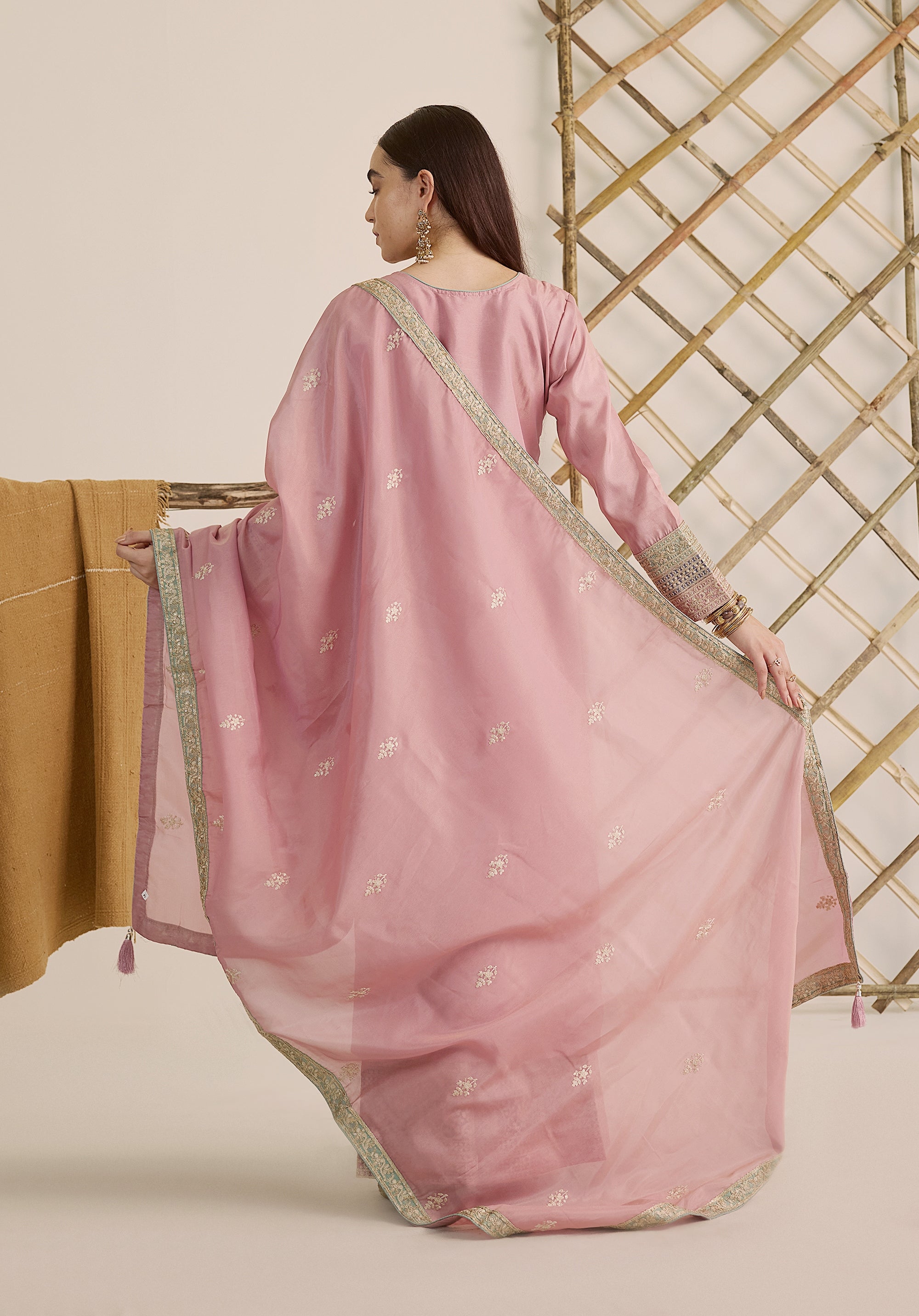 Pastel pink Inaayat suit Indian ethnic wear: premium silk with gold floral zardozi work, printed palazzo gold borders, embellished dupatta, buy salwar kameez online with gotta detailing.