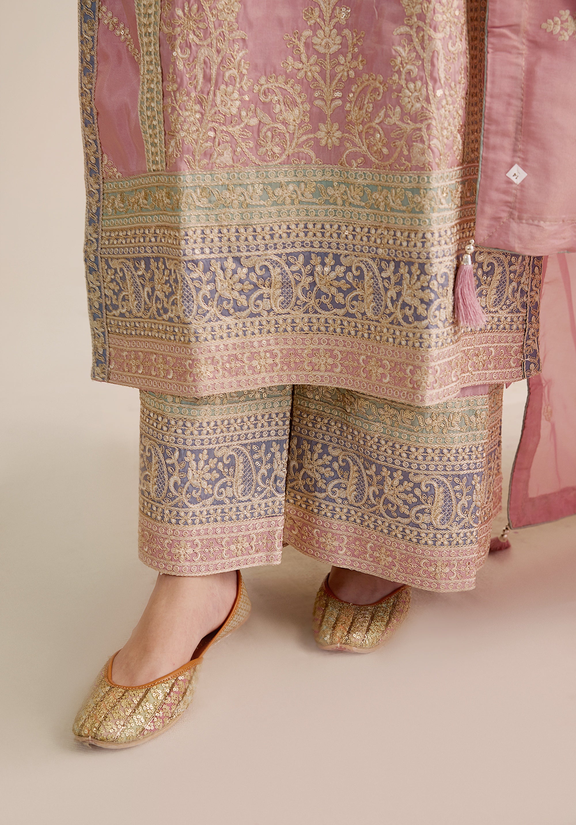 Pastel pink Inaayat suit Indian ethnic wear: premium silk with gold floral zardozi work, printed palazzo gold borders, embellished dupatta, buy salwar kameez online with gotta detailing.