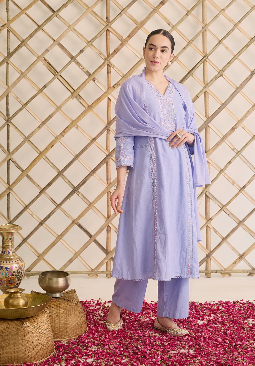 Lilac lavender Gul Kashmiri suit Indian ethnic wear: premium cotton with vibrant multicolored floral motifs, straight pants, star-like embroidered dupatta, buy salwar kameez online Kashmir collection.