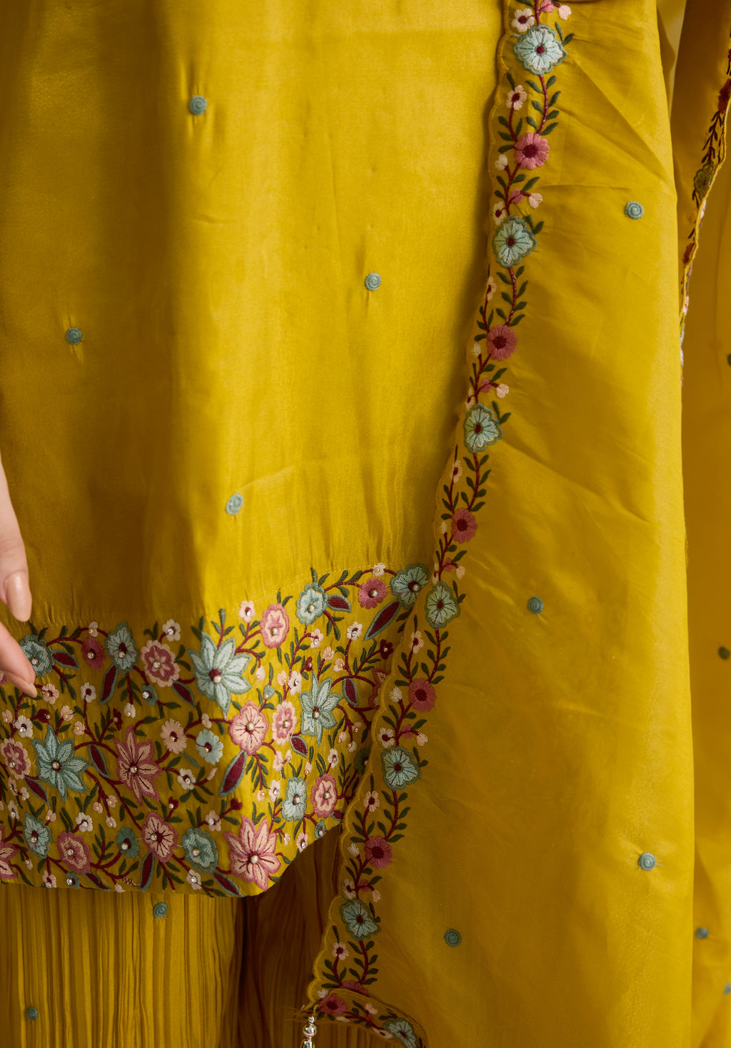 Mustard yellow Nitya suit Indian ethnic wear: premium silk with gold floral zardozi embroidery, ornate printed palazzo, graceful dupatta, buy salwar kameez online with floral designs.