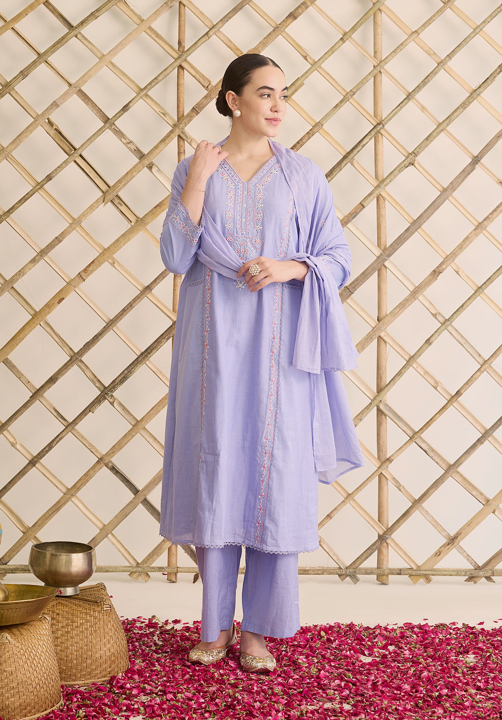 Lilac lavender Gul Kashmiri suit Indian ethnic wear: premium cotton with vibrant multicolored floral motifs, straight pants, star-like embroidered dupatta, buy salwar kameez online Kashmir collection.