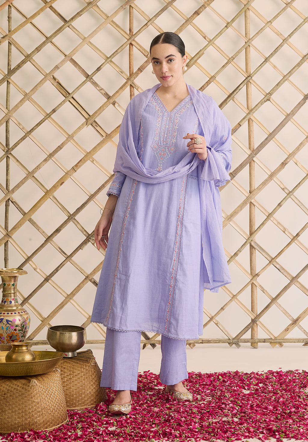 Lilac lavender Gul Kashmiri suit Indian ethnic wear: premium cotton with vibrant multicolored floral motifs, straight pants, star-like embroidered dupatta, buy salwar kameez online Kashmir collection.