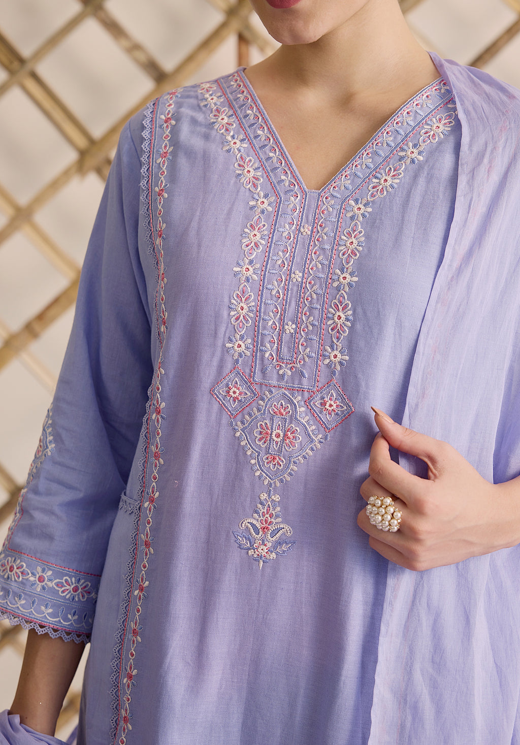 Lilac lavender Gul Kashmiri suit Indian ethnic wear: premium cotton with vibrant multicolored floral motifs, straight pants, star-like embroidered dupatta, buy salwar kameez online Kashmir collection.