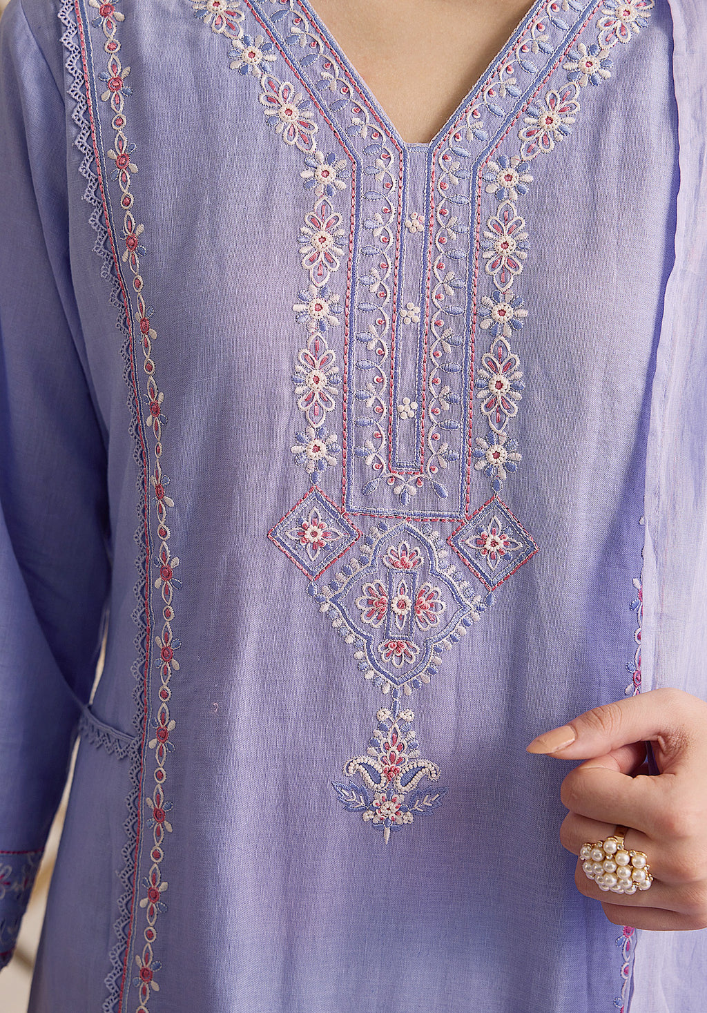 Lilac lavender Gul Kashmiri suit Indian ethnic wear: premium cotton with vibrant multicolored floral motifs, straight pants, star-like embroidered dupatta, buy salwar kameez online Kashmir collection.
