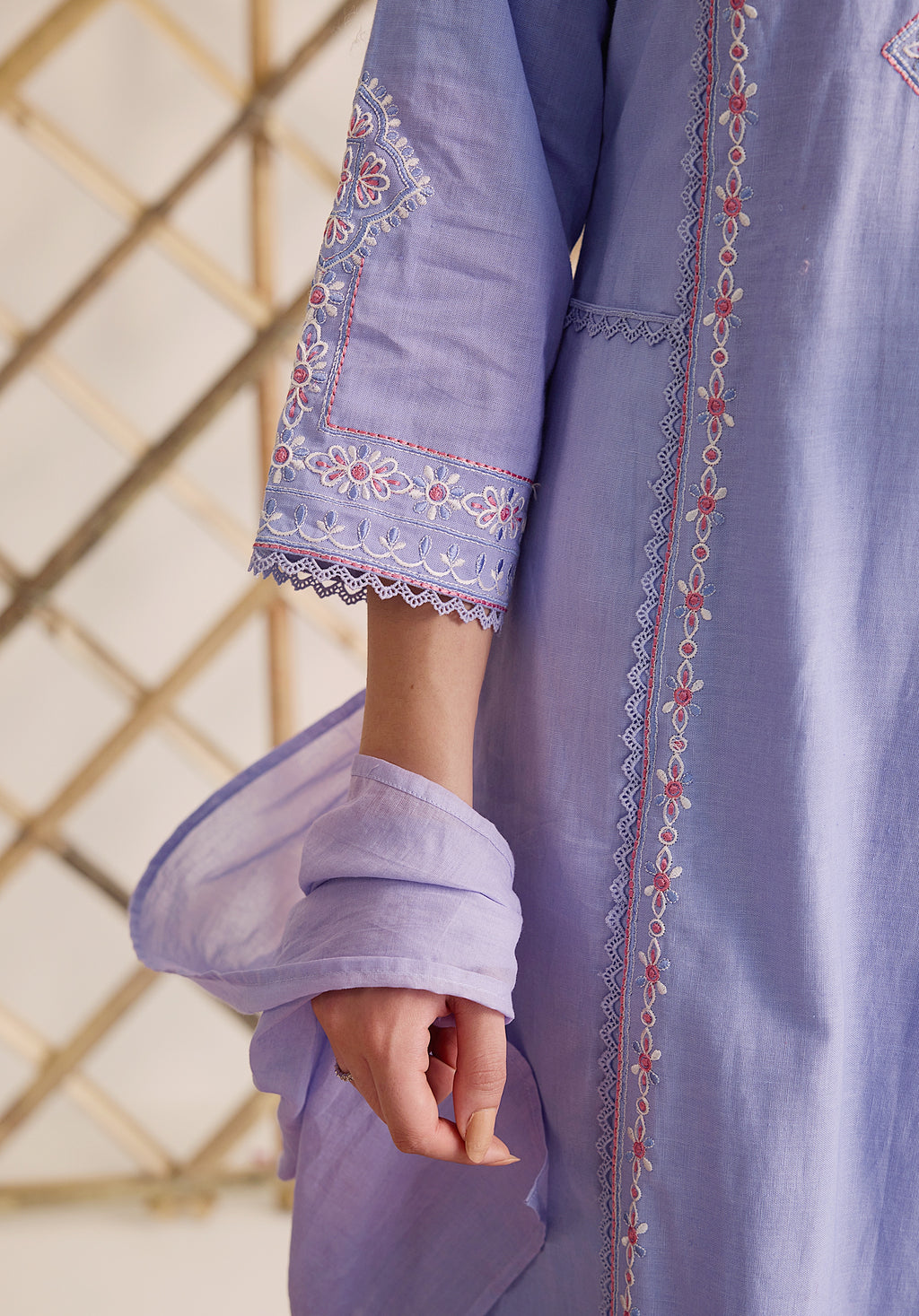 Lilac lavender Gul Kashmiri suit Indian ethnic wear: premium cotton with vibrant multicolored floral motifs, straight pants, star-like embroidered dupatta, buy salwar kameez online Kashmir collection.