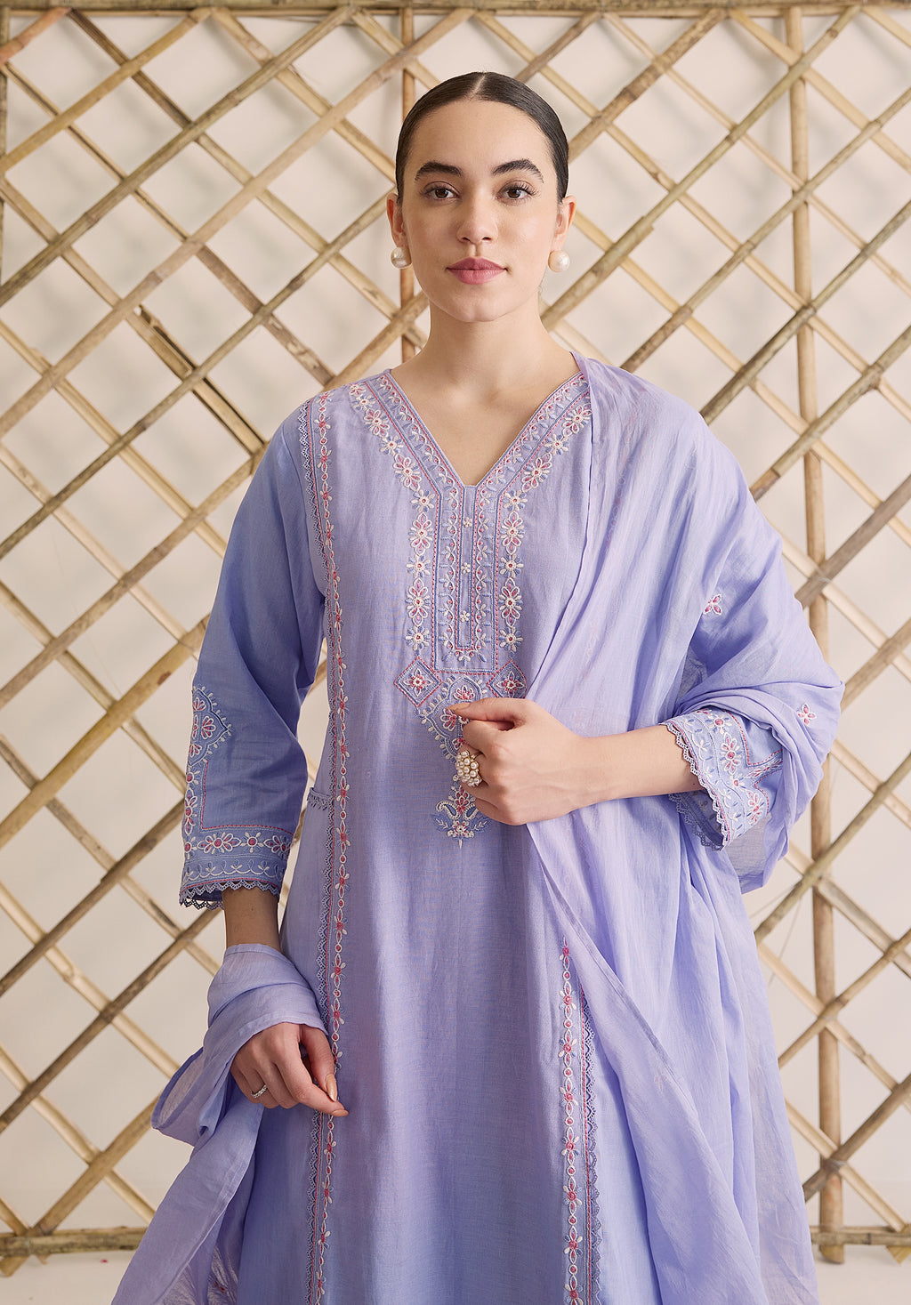 Lilac lavender Gul Kashmiri suit Indian ethnic wear: premium cotton with vibrant multicolored floral motifs, straight pants, star-like embroidered dupatta, buy salwar kameez online Kashmir collection.