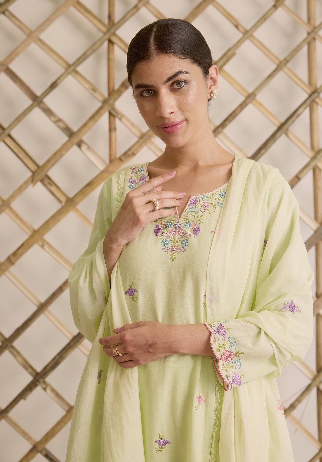 Light sage green Noor Kashmiri suit Indian ethnic wear: premium cotton with multicolored floral motifs, tailored straight pants, star-embroidered dupatta, buy salwar kameez online Kashmir collection.
