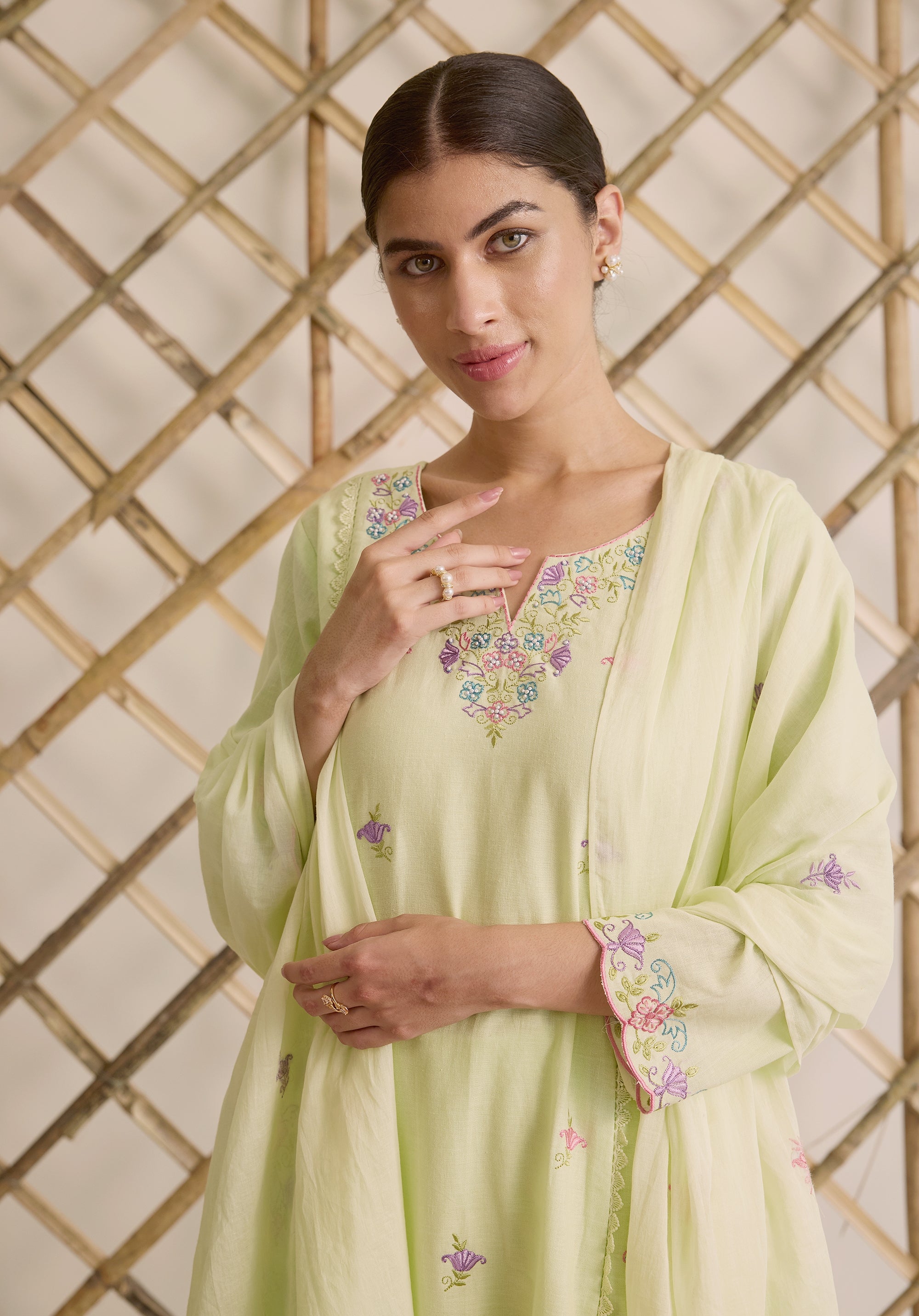 Light sage green Noor Kashmiri suit Indian ethnic wear: premium cotton with multicolored floral motifs, tailored straight pants, star-embroidered dupatta, buy salwar kameez online Kashmir collection.