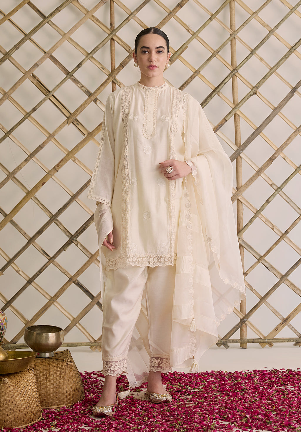Tara suit Indian ethnic wear: premium silk with gold floral zardozi work, printed palazzo gold borders, embellished dupatta, buy salwar kameez online with gotta detailing for ethnic sophistication.