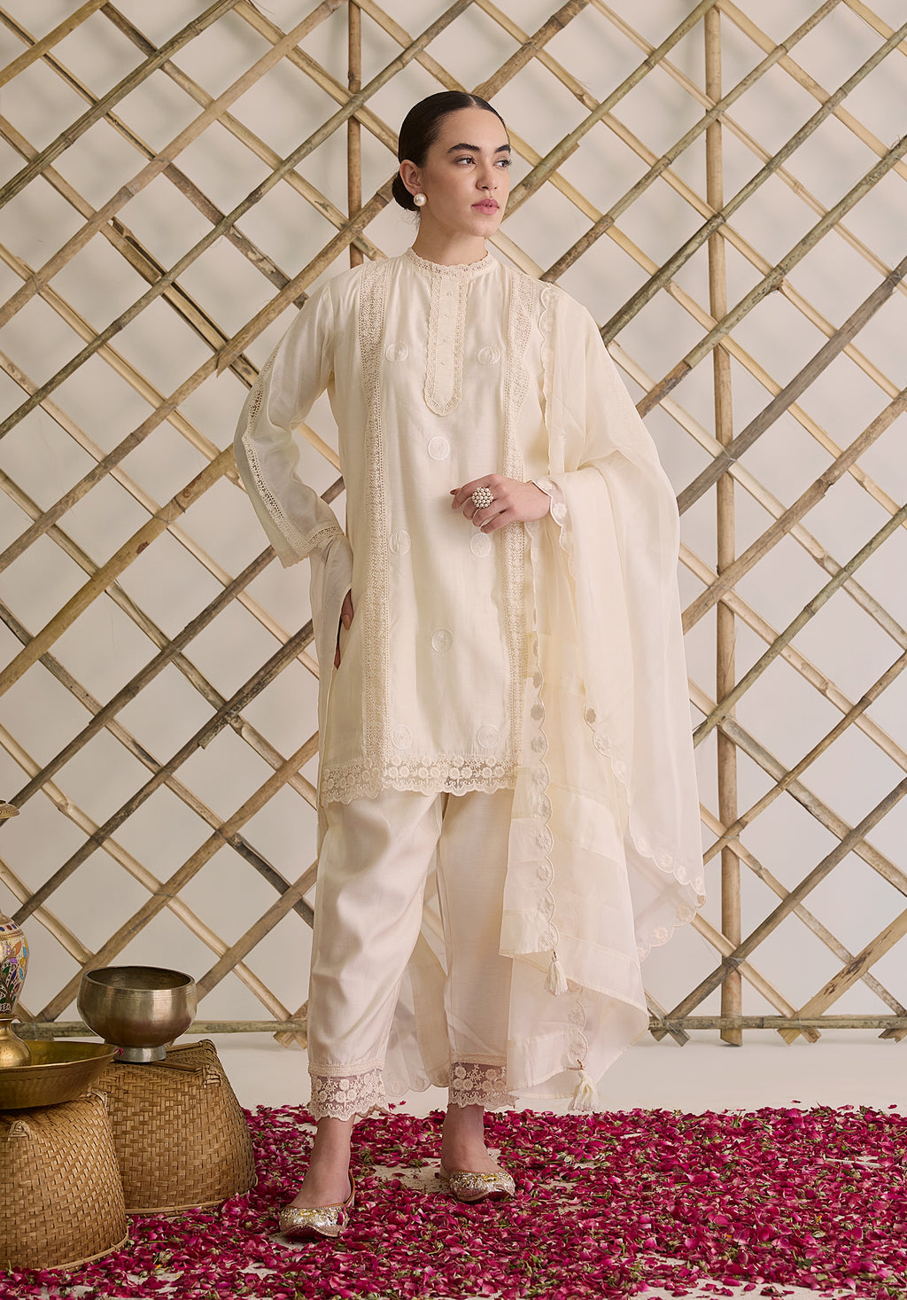 Tara suit Indian ethnic wear: premium silk with gold floral zardozi work, printed palazzo gold borders, embellished dupatta, buy salwar kameez online with gotta detailing for ethnic sophistication.
