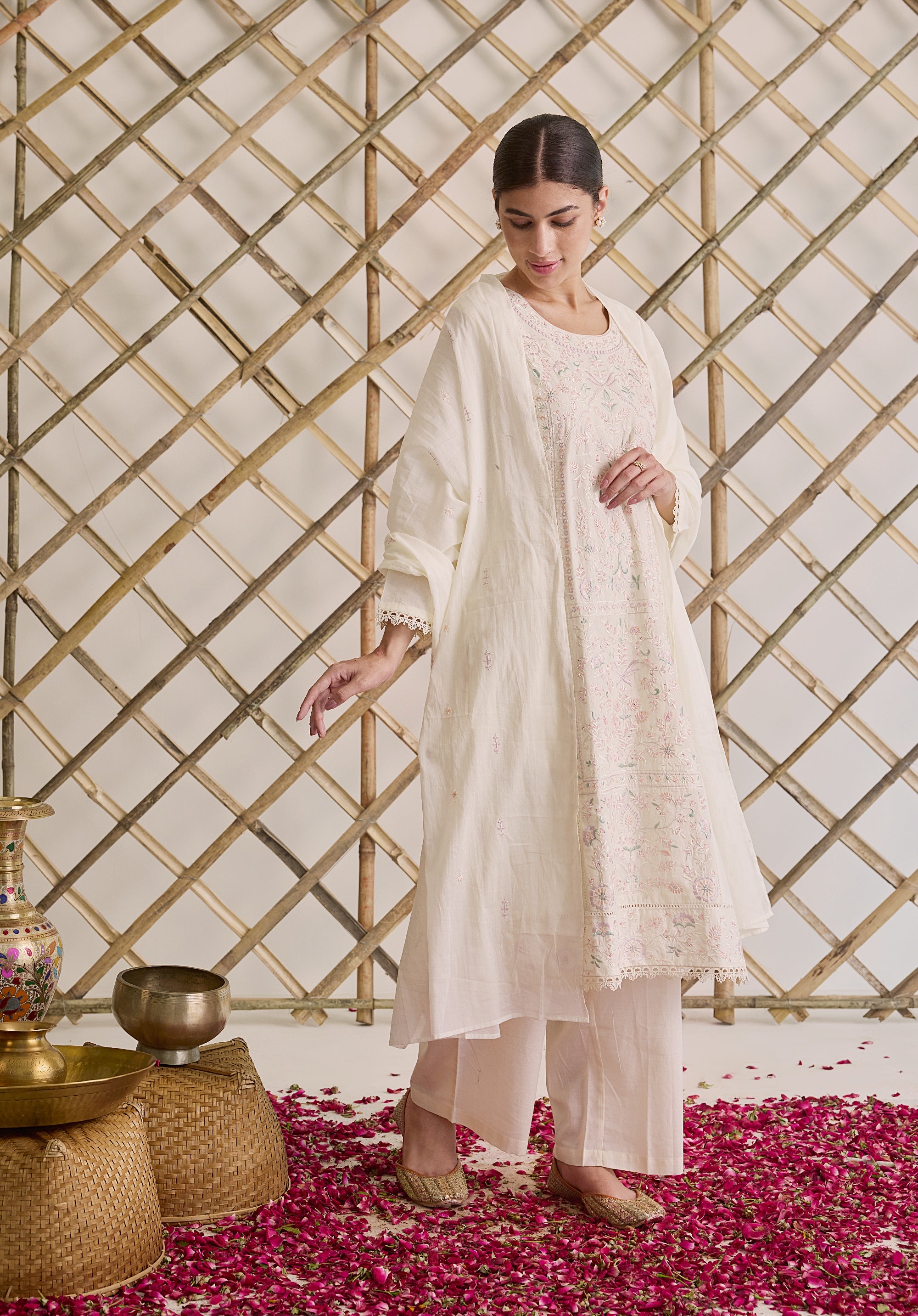 Off white Subha Kashmiri suit Indian ethnic wear: premium cotton with multicolored floral motifs embroidery, straight pants, star-scattered dupatta, buy salwar kameez online for elegant traditional look.