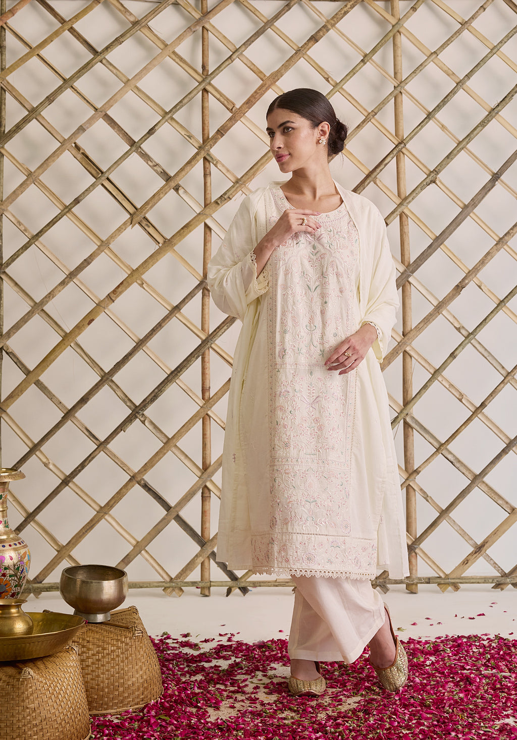 Off white Subha Kashmiri suit Indian ethnic wear: premium cotton with multicolored floral motifs embroidery, straight pants, star-scattered dupatta, buy salwar kameez online for elegant traditional look.