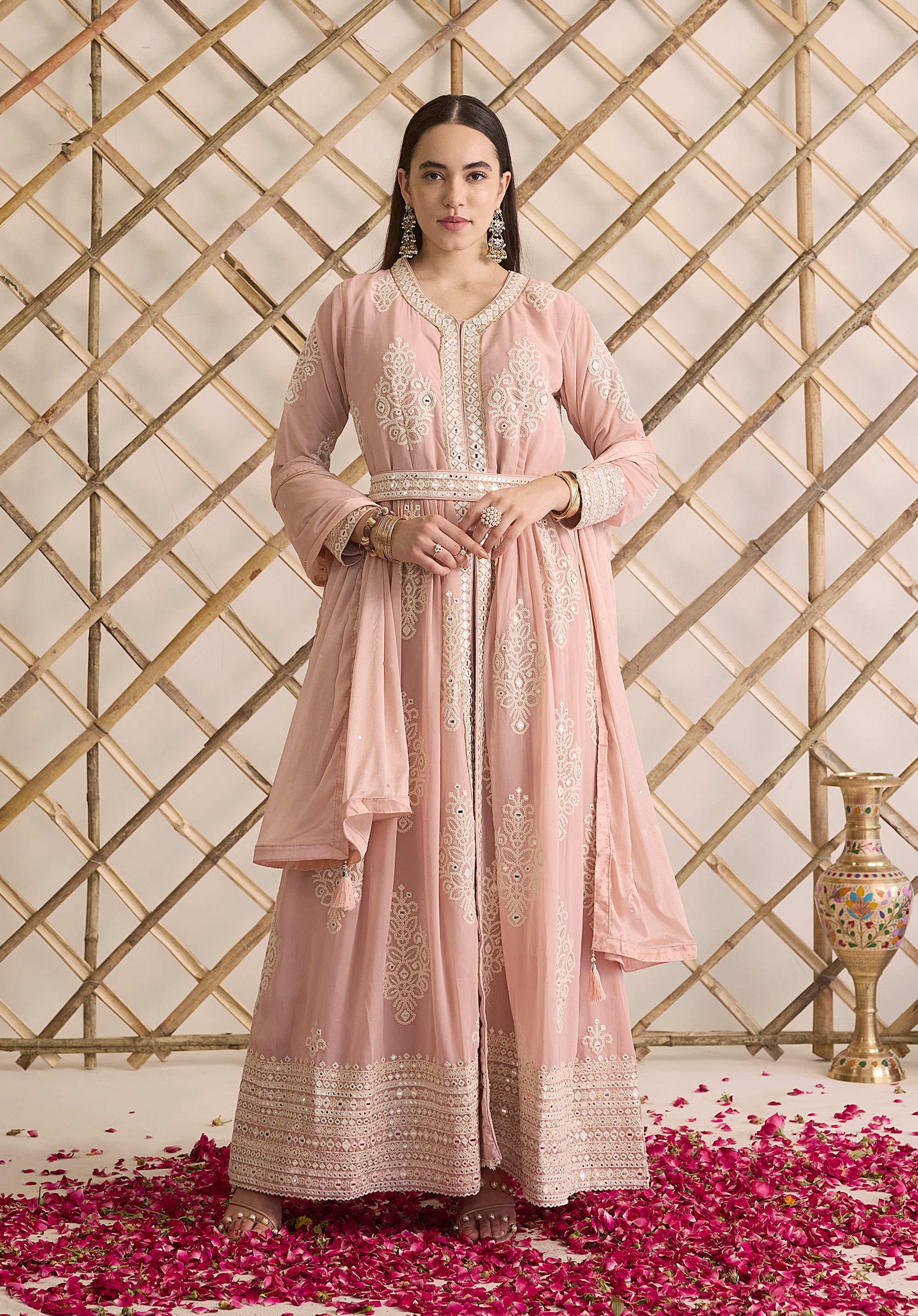 Pale pink Saba Anarkali suit Indian ethnic wear: georgette silk with intricate white threadwork chikan embroidery, flared silhouette, lilac dupatta, buy salwar kameez online Lucknowi chikankari style.