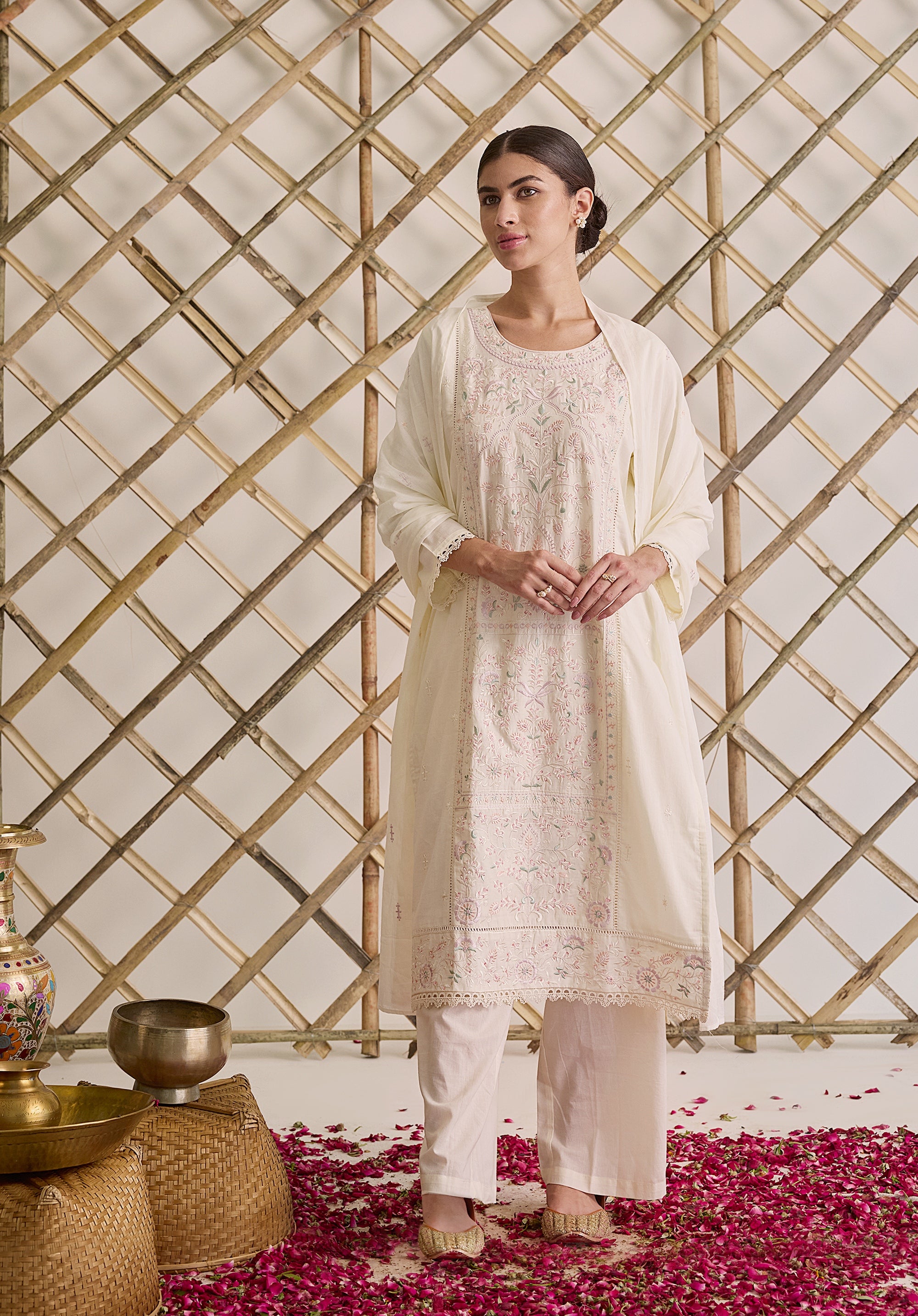 Off white Subha Kashmiri suit Indian ethnic wear: premium cotton with multicolored floral motifs embroidery, straight pants, star-scattered dupatta, buy salwar kameez online for elegant traditional look.