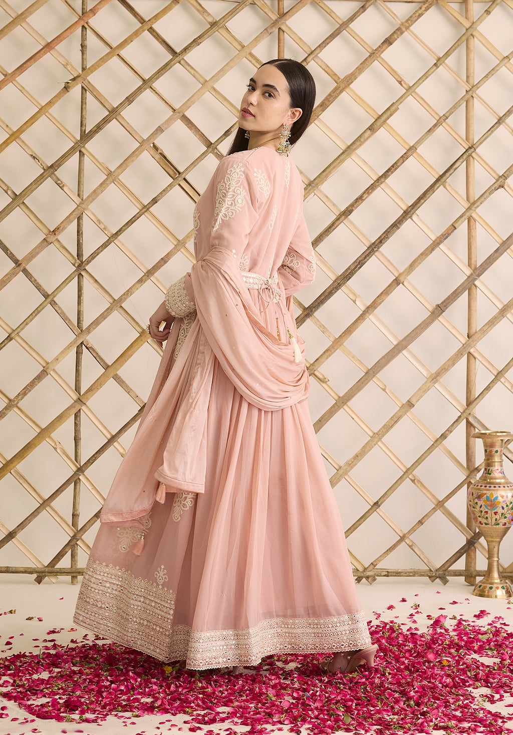Pale pink Saba Anarkali suit Indian ethnic wear: georgette silk with intricate white threadwork chikan embroidery, flared silhouette, lilac dupatta, buy salwar kameez online Lucknowi chikankari style.