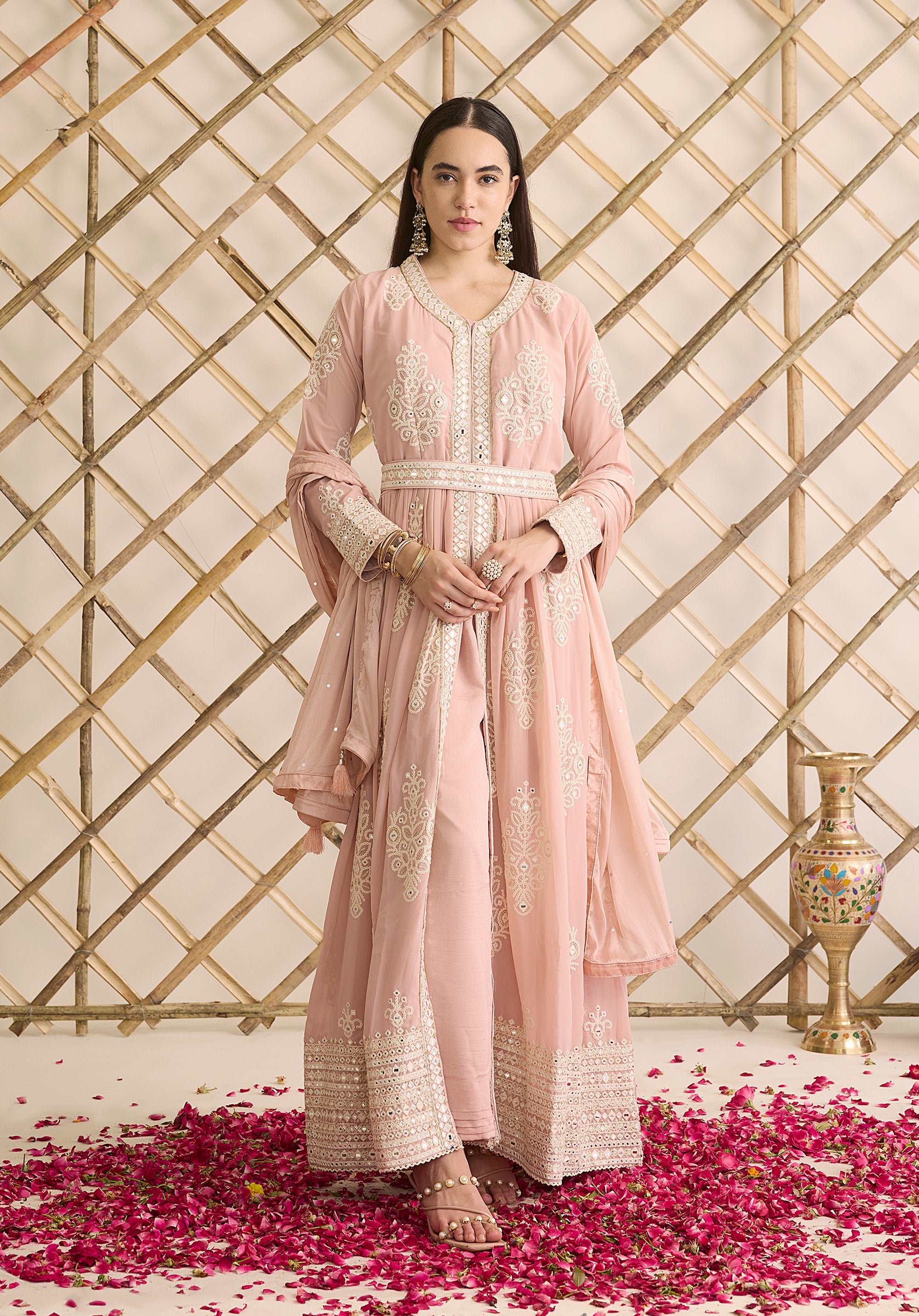 Pale pink Saba Anarkali suit Indian ethnic wear: georgette silk with intricate white threadwork chikan embroidery, flared silhouette, lilac dupatta, buy salwar kameez online Lucknowi chikankari style.