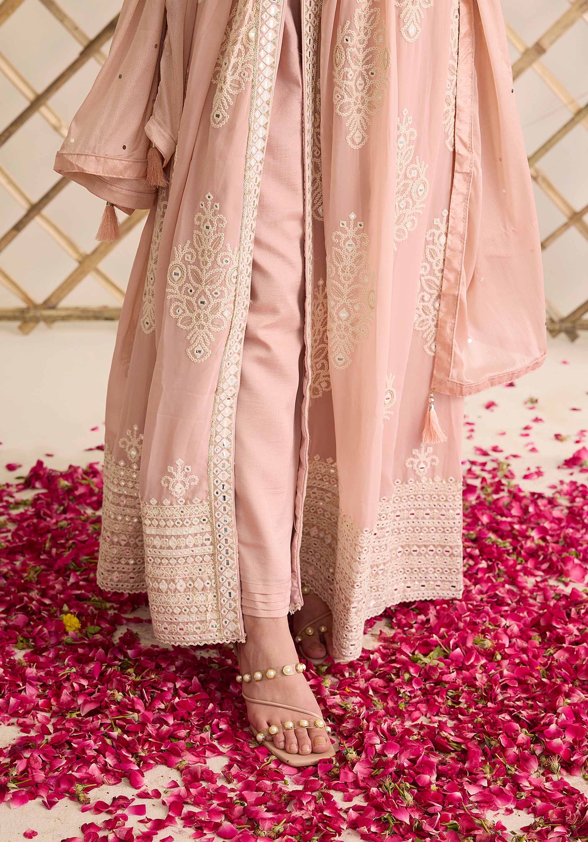 Pale pink Saba Anarkali suit Indian ethnic wear: georgette silk with intricate white threadwork chikan embroidery, flared silhouette, lilac dupatta, buy salwar kameez online Lucknowi chikankari style.