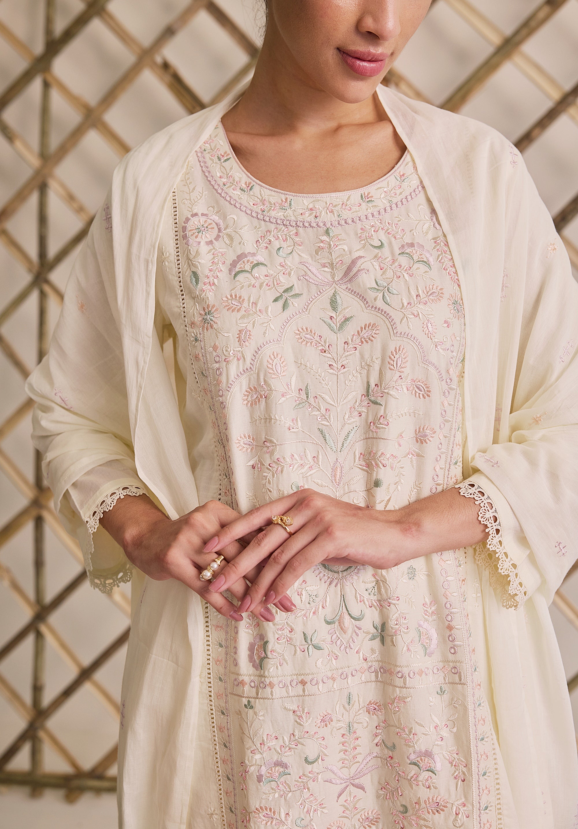 Off white Subha Kashmiri suit Indian ethnic wear: premium cotton with multicolored floral motifs embroidery, straight pants, star-scattered dupatta, buy salwar kameez online for elegant traditional look.