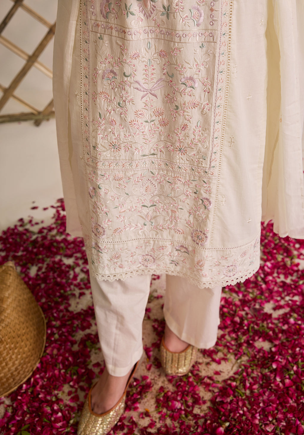 Off white Subha Kashmiri suit Indian ethnic wear: premium cotton with multicolored floral motifs embroidery, straight pants, star-scattered dupatta, buy salwar kameez online for elegant traditional look.