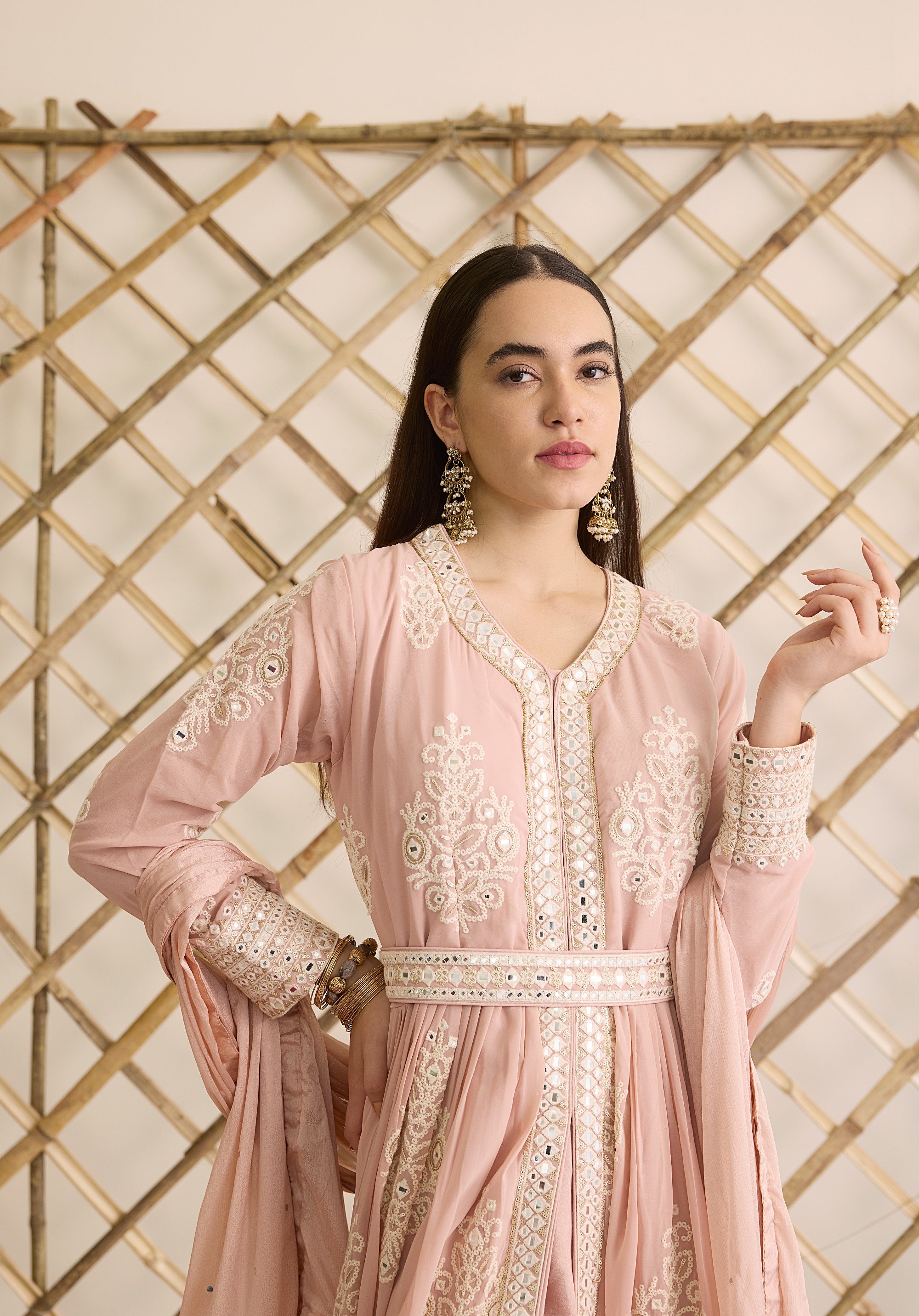 Pale pink Saba Anarkali suit Indian ethnic wear: georgette silk with intricate white threadwork chikan embroidery, flared silhouette, lilac dupatta, buy salwar kameez online Lucknowi chikankari style.