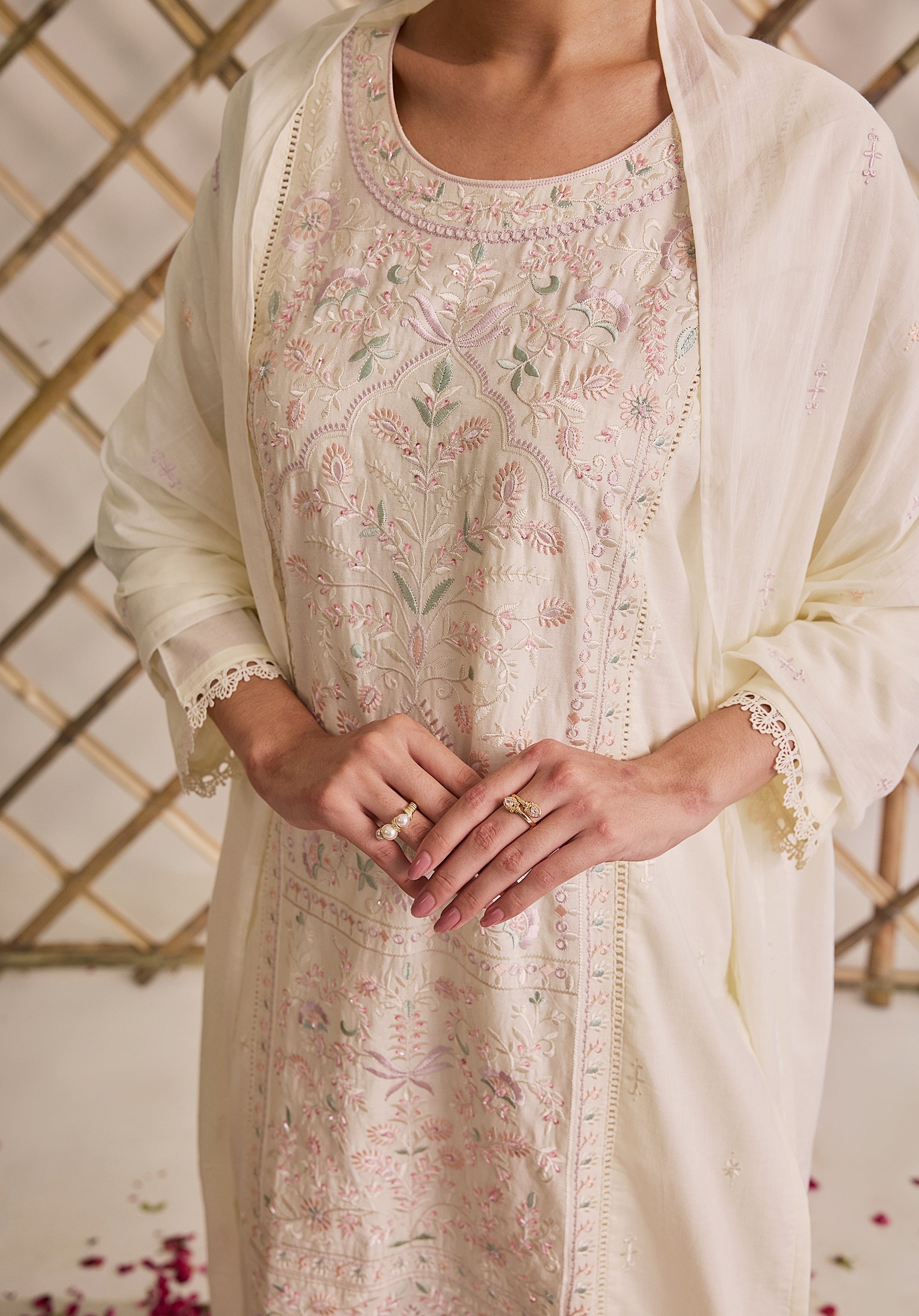 Off white Subha Kashmiri suit Indian ethnic wear: premium cotton with multicolored floral motifs embroidery, straight pants, star-scattered dupatta, buy salwar kameez online for elegant traditional look.