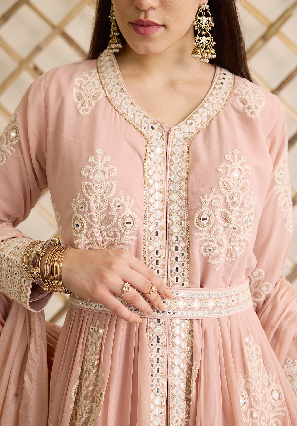 Pale pink Saba Anarkali suit Indian ethnic wear: georgette silk with intricate white threadwork chikan embroidery, flared silhouette, lilac dupatta, buy salwar kameez online Lucknowi chikankari style.
