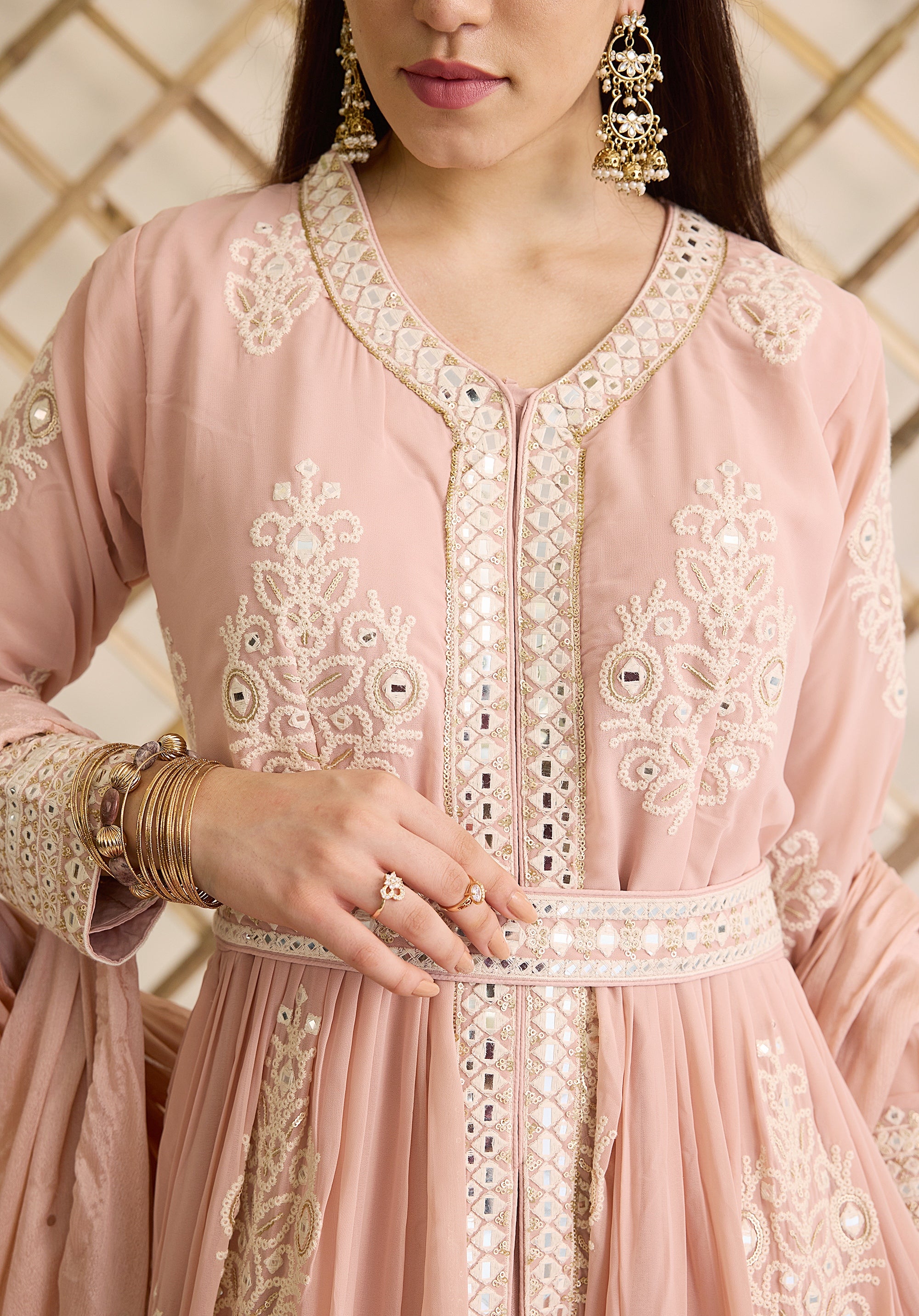 Pale pink Saba Anarkali suit Indian ethnic wear: georgette silk with intricate white threadwork chikan embroidery, flared silhouette, lilac dupatta, buy salwar kameez online Lucknowi chikankari style.