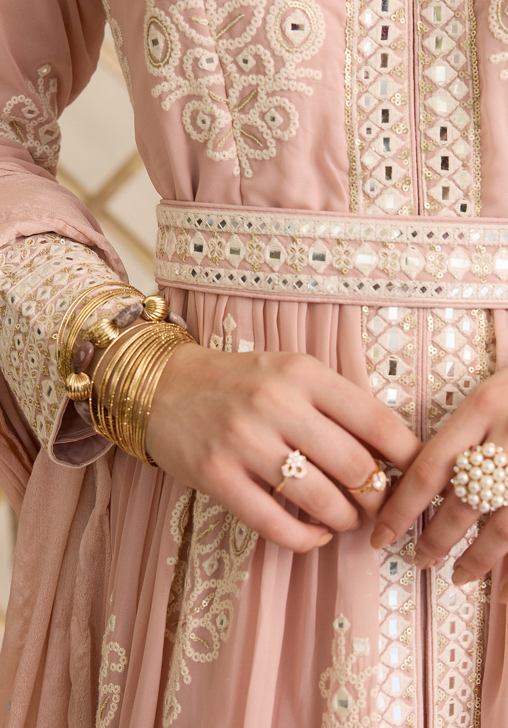 Pale pink Saba Anarkali suit Indian ethnic wear: georgette silk with intricate white threadwork chikan embroidery, flared silhouette, lilac dupatta, buy salwar kameez online Lucknowi chikankari style.
