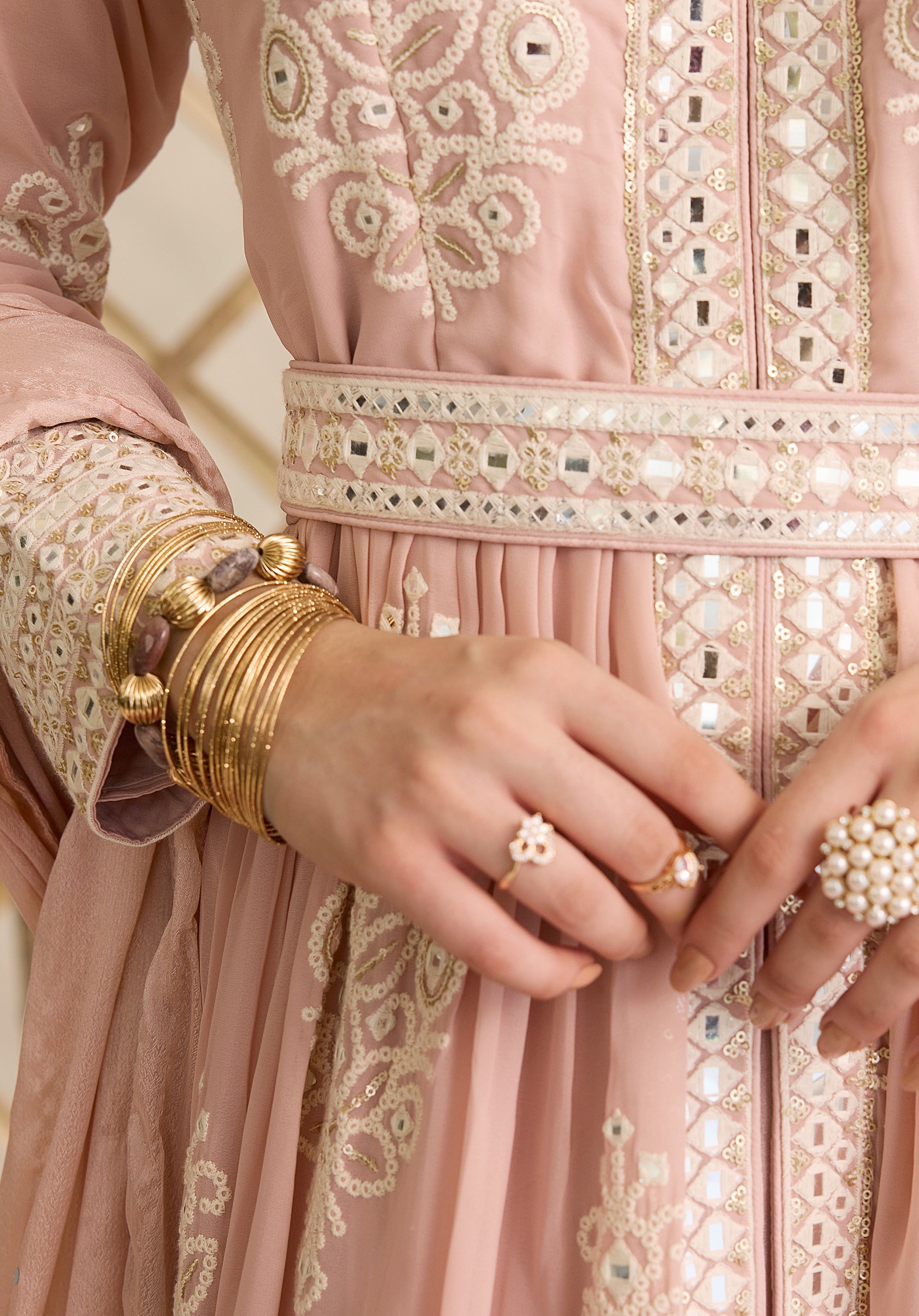 Pale pink Saba Anarkali suit Indian ethnic wear: georgette silk with intricate white threadwork chikan embroidery, flared silhouette, lilac dupatta, buy salwar kameez online Lucknowi chikankari style.