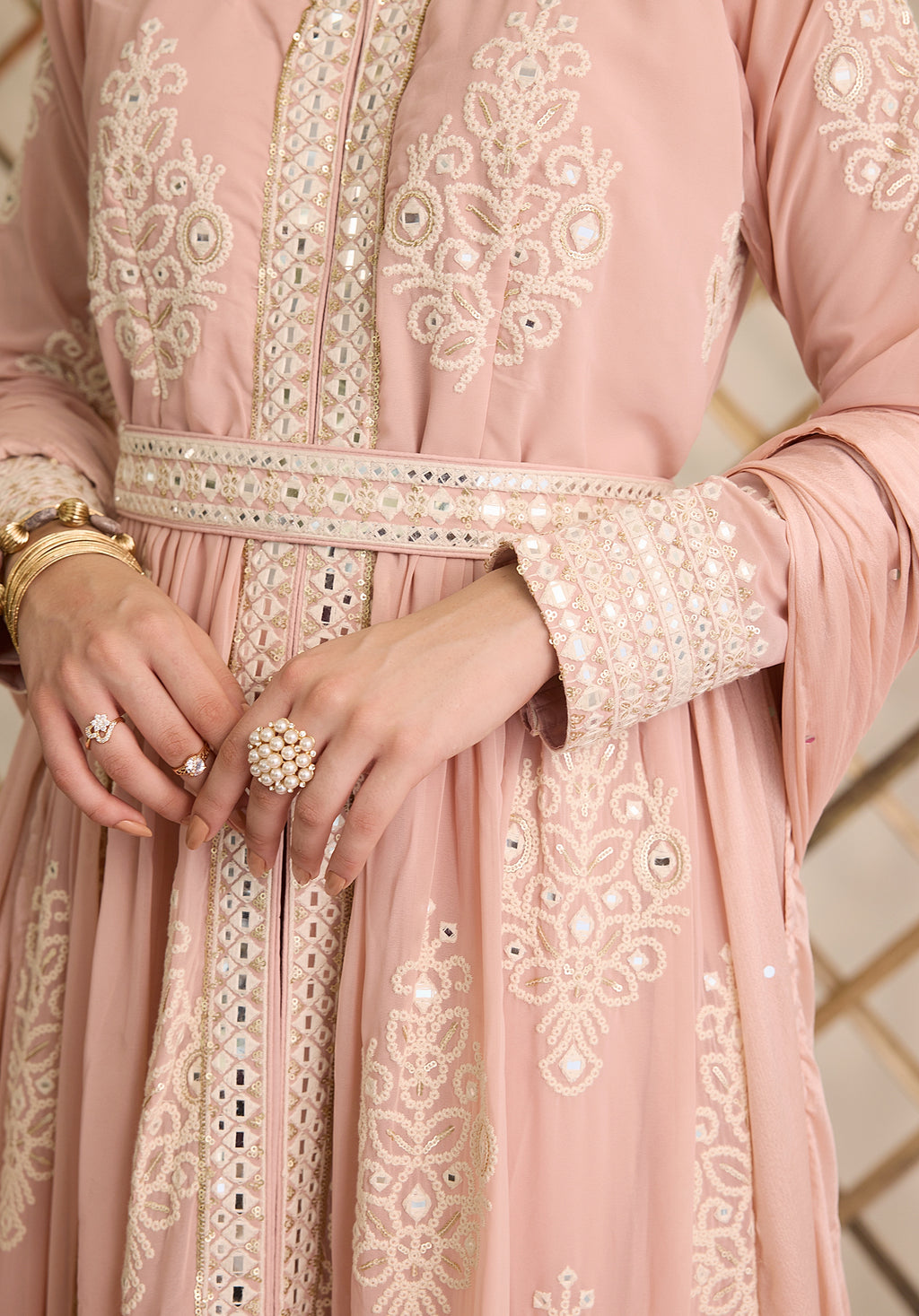Pale pink Saba Anarkali suit Indian ethnic wear: georgette silk with intricate white threadwork chikan embroidery, flared silhouette, lilac dupatta, buy salwar kameez online Lucknowi chikankari style.